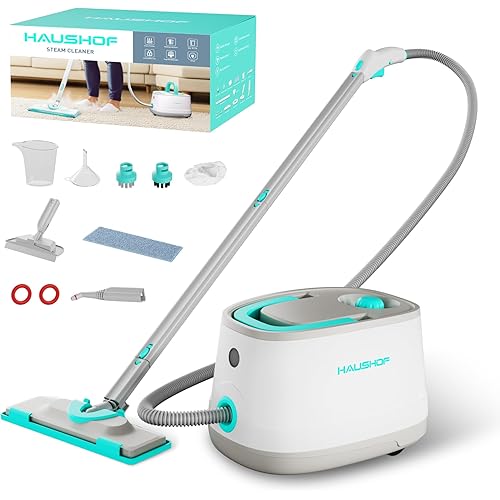HAUSHOF Steam Cleaner with 1.5L Large Tank and Wheels, 4 Bar Portable Steam Cleaner with 16 Accessories, 1500W Steamer for Car Detailing, Floor, Dirt, Grease, Grout