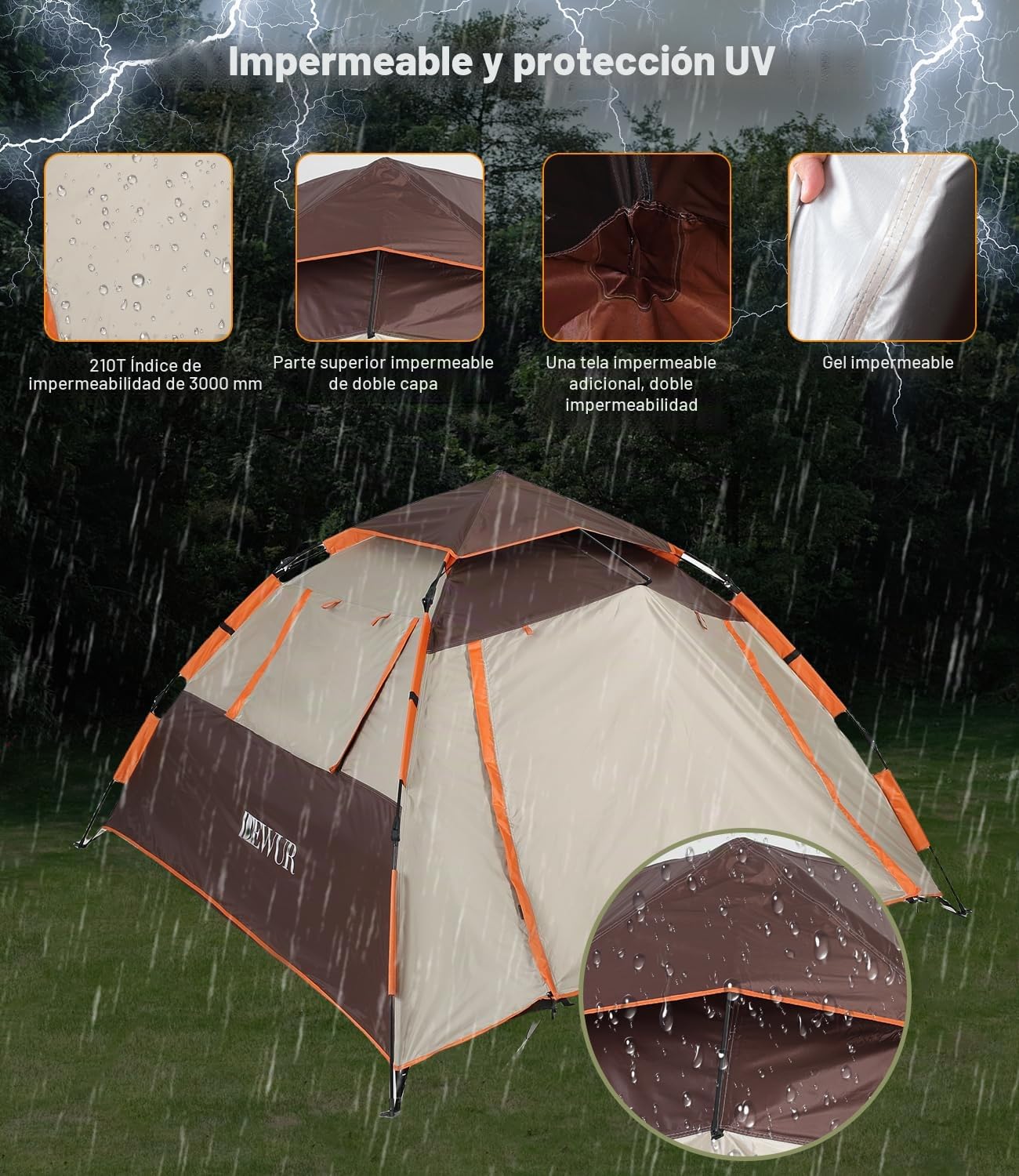 Dewur Tienda de campaña para 4 personas, impermeable, resistente al viento, con 2 puertas de malla, ventana 2 en 1, doble capa, bolsa de transporte para camping, senderismo