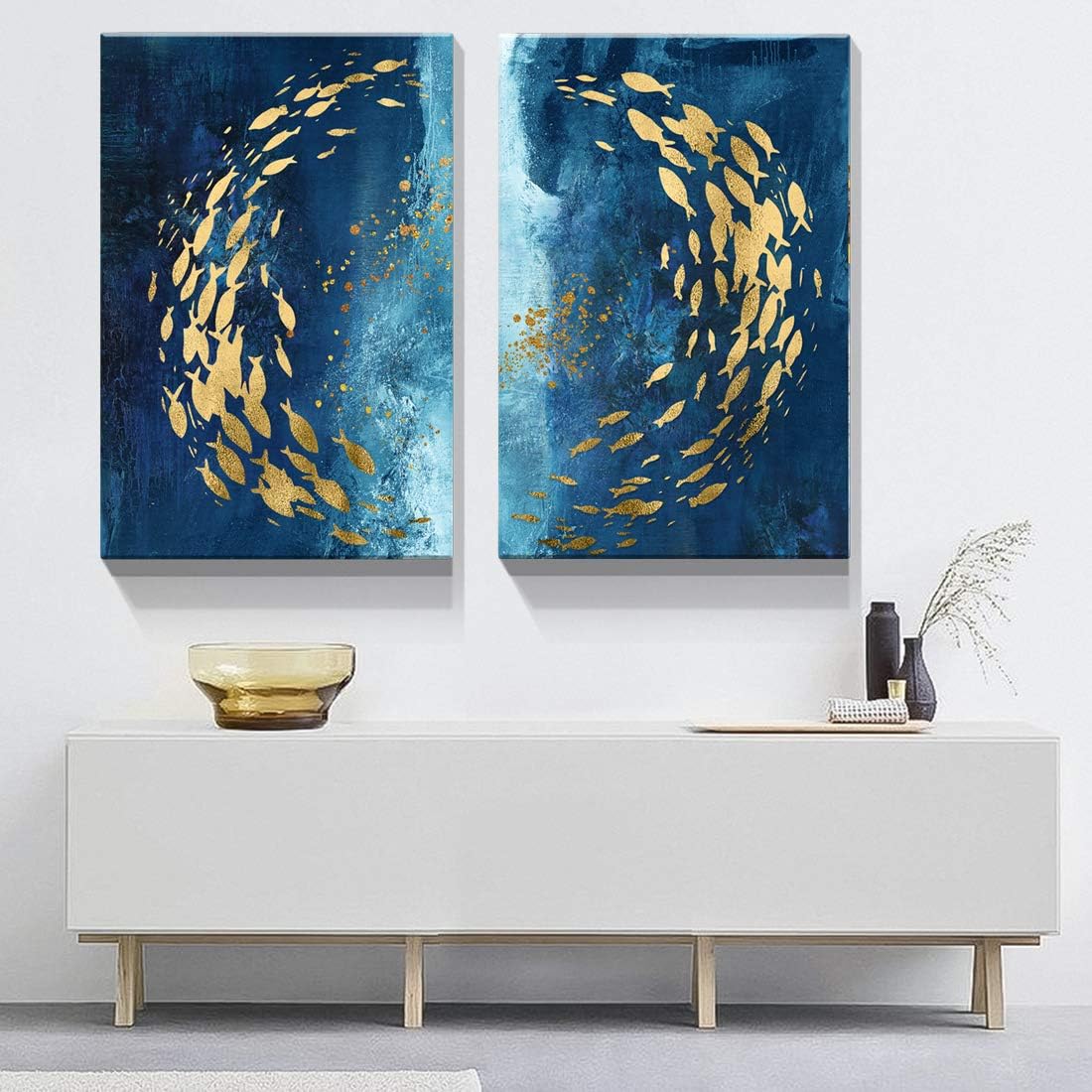 Looife Blue and Gold Abstract Pinting Canvas Wall Art, 24x1.5x36 Inch 2 Panels Colorful Textured Gold Fish in the Blue Ocean Picture Prints Wall Decor, Wrapped Canvas Art Deco 24"x36" Cpdp-01