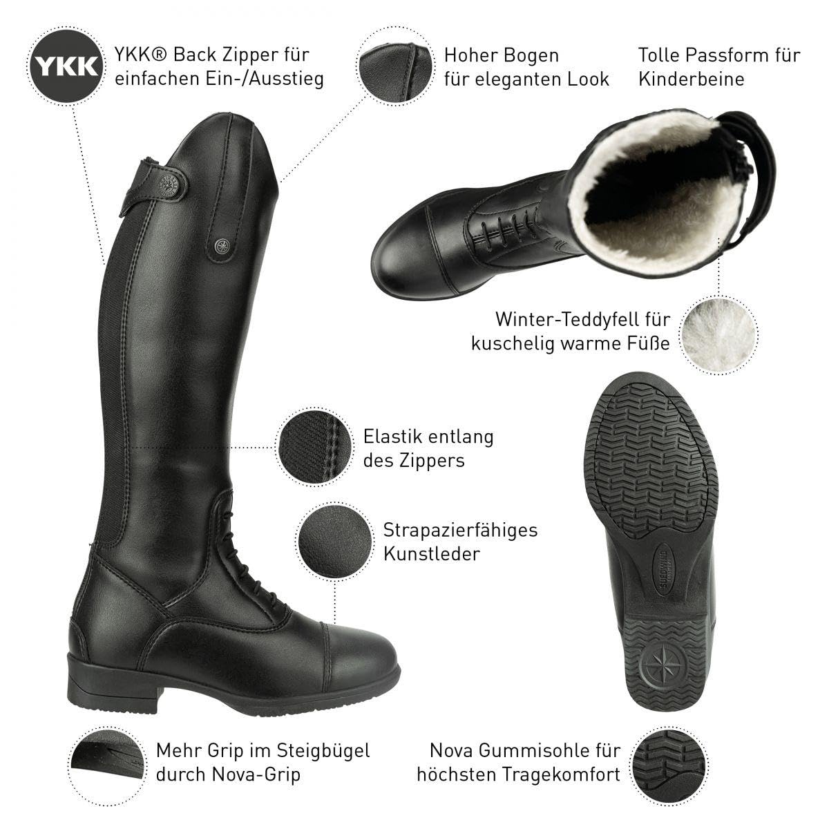 SUEDWIND FOOTWEAR Bottes d'équitation « Kids Fun » pour l'hiver - En cuir synthétique - Doublure en peluche - Respirantes - Coupe parfaite - Taille 29-41 - Couleur : noir