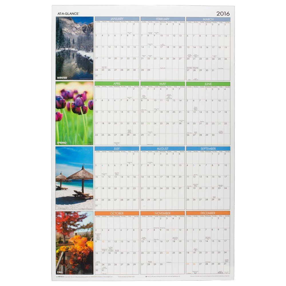 At A Glance 36 X 24 In. Erasable Yearly Wall Planner Calendar 2016 Seasons In Bloom