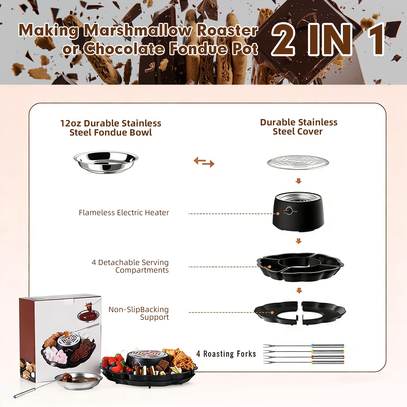 Schokoladenfondue, 2-in-1 Schokofondue Elektrisch & S’mores-Maker, Tischgerät für Innen mit 4 Röster-Gabeln, 4 Abnehmbaren Tabletts & Flammloser Temperaturgeregelter Heizgerät, Familie & Geschenk