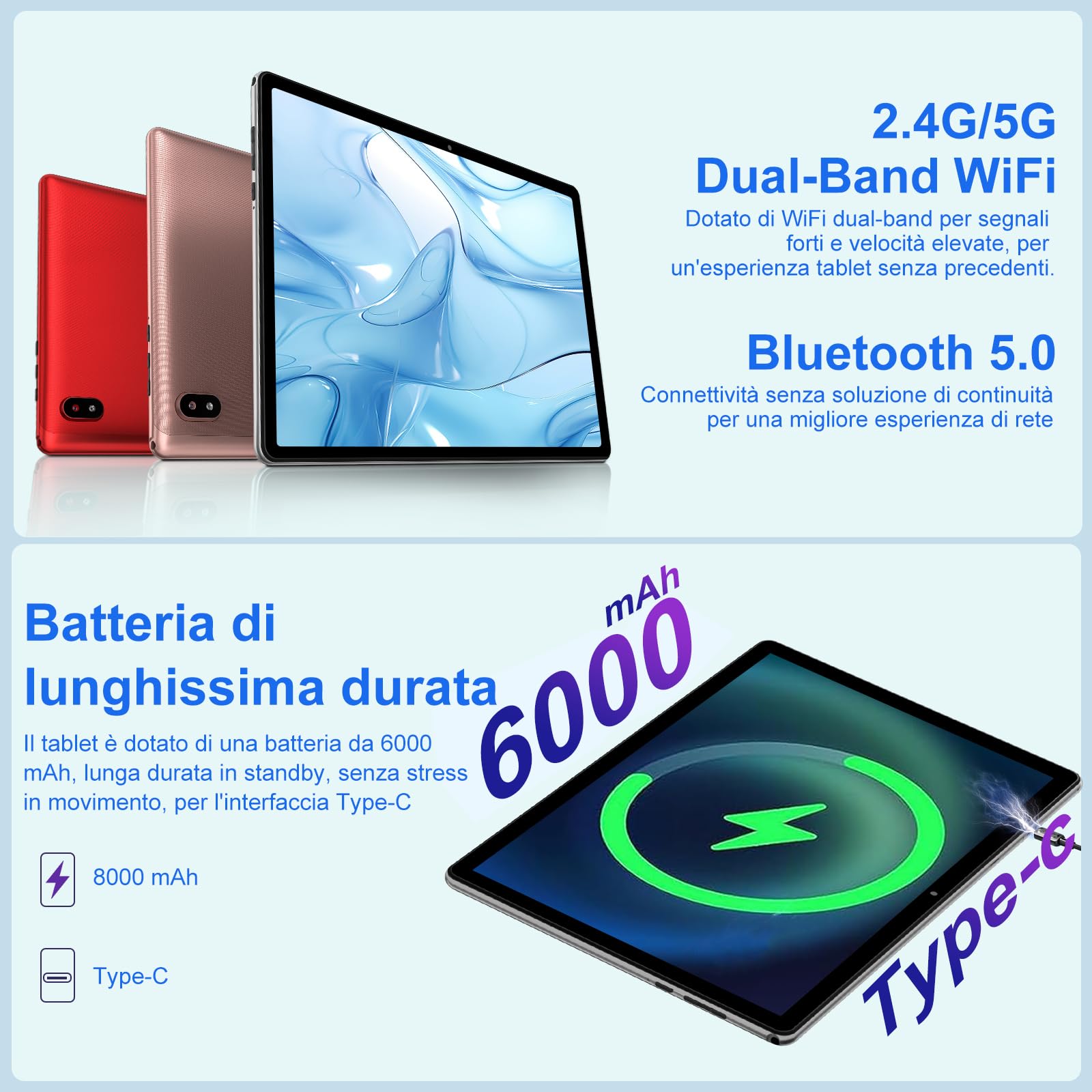 Tablet 10 Pollici Android con 20GB RAM+128GB ROM (TF 2TB), 5G WiFi 6, Octa-Core, 2.0 GHz, GMS, Bluetooth 5, 5MP + 8MP, 1280 * 800 FHD IPS, 2025 Newest Tablet Widevine L1 con Tastiera e Mouse - Silver