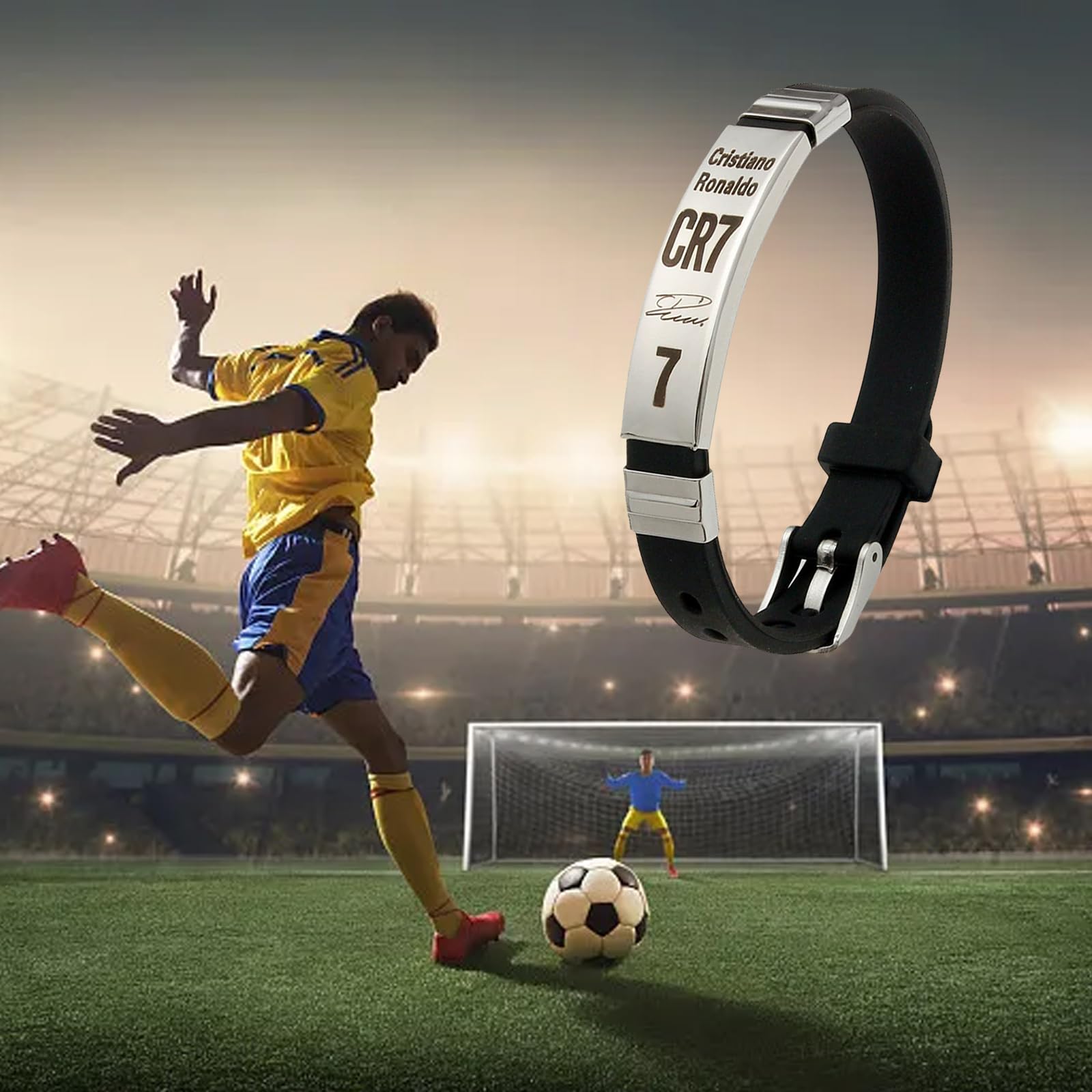 CR7 - Braccialetto con ciondolo a forma di stella del calcio, regolabile, per tifosi di calcio, regalo per uomini e donne, no, acciaio inox e silicone, Nessuna pietra preziosa