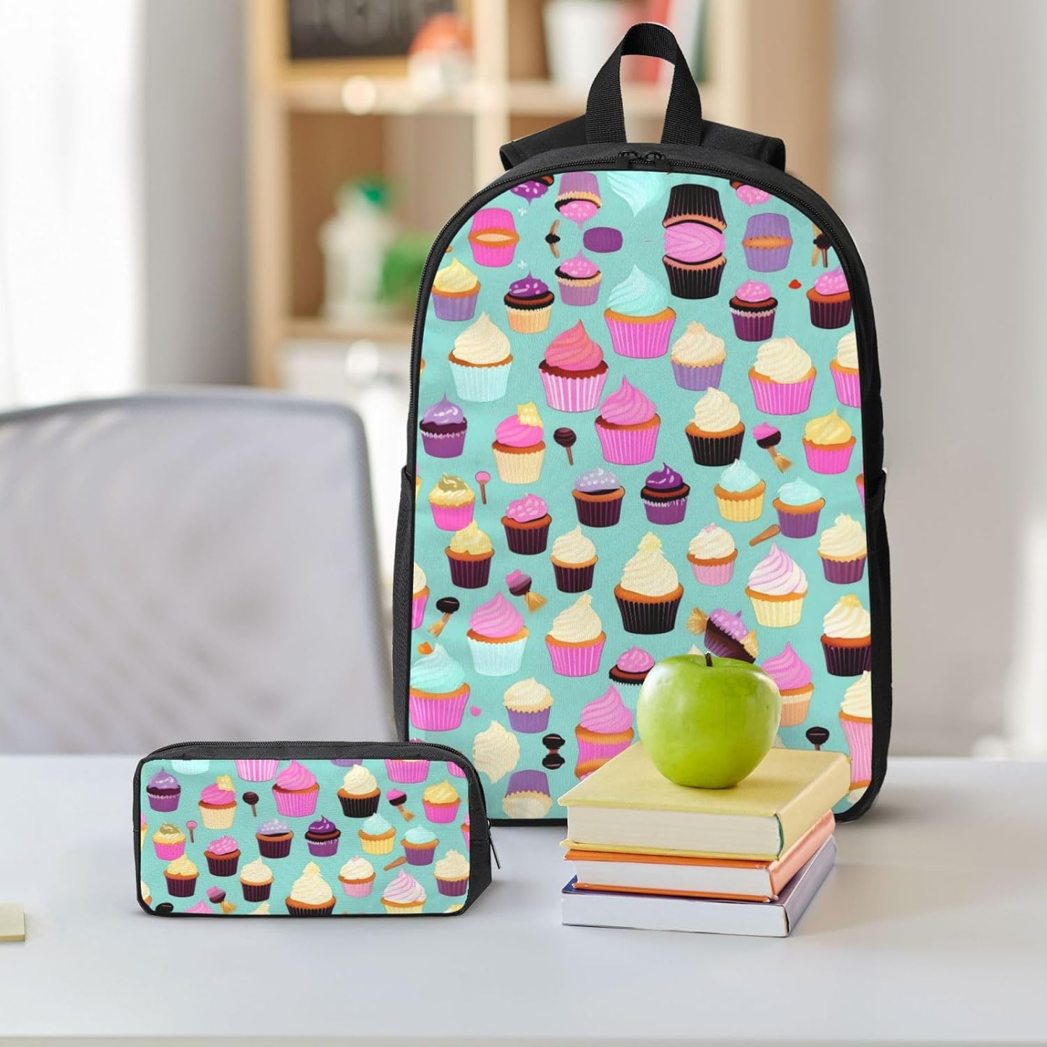 Cupcake Pattern print 3 Piece Backpack Bags with Lunch Box Pencil Case Set for Travel Work Camping Unisex