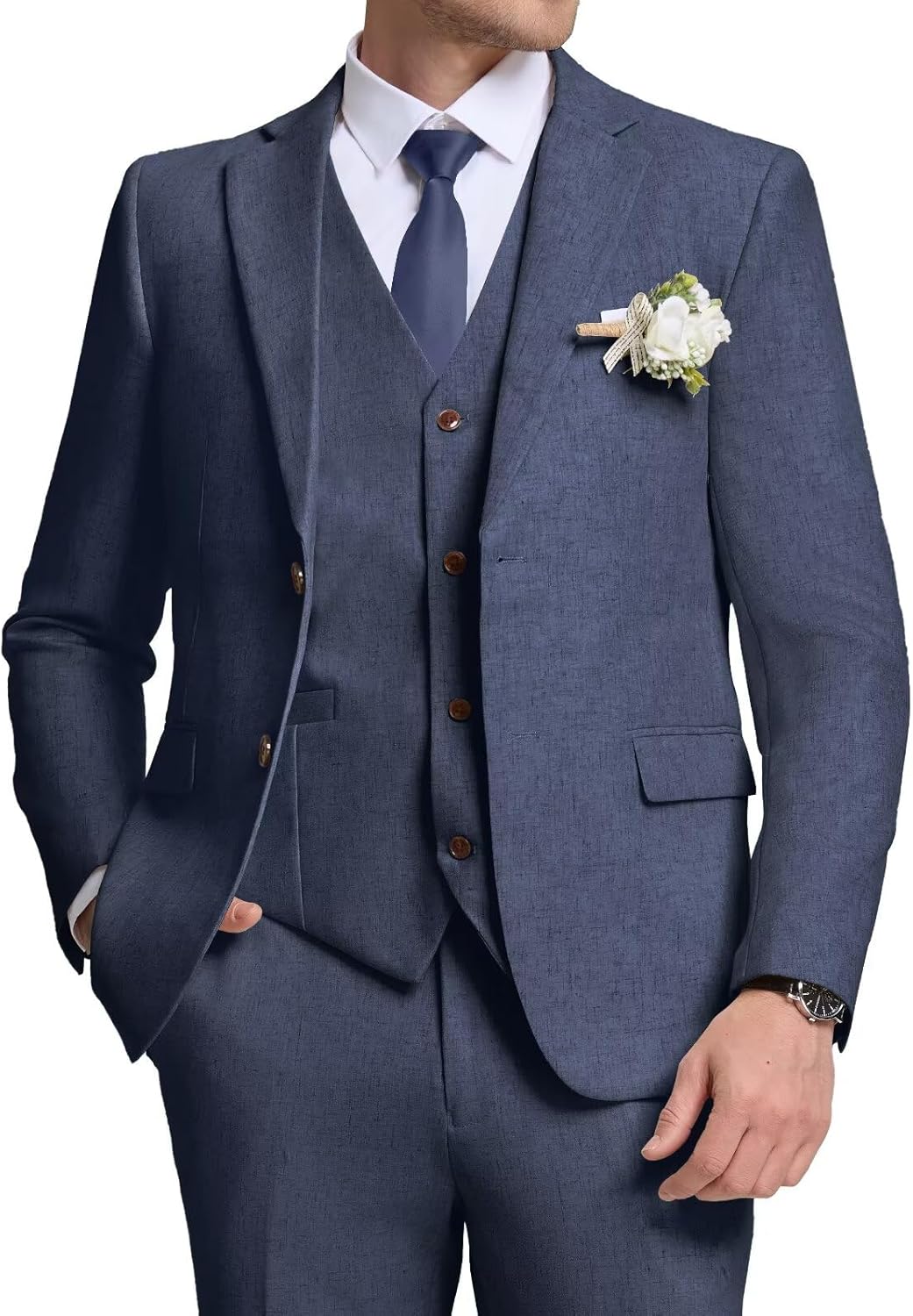 Retro Mens Linen Suit Slim Fit 3 Piece Summer Wedding Suit Casual Beach Linen Suits for Men Prom Jacket Vest Pant Set