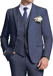 Retro Mens Linen Suit Slim Fit 3 Piece Summer Wedding Suit Casual Beach Linen Suits for Men Prom Jacket Vest Pant Set