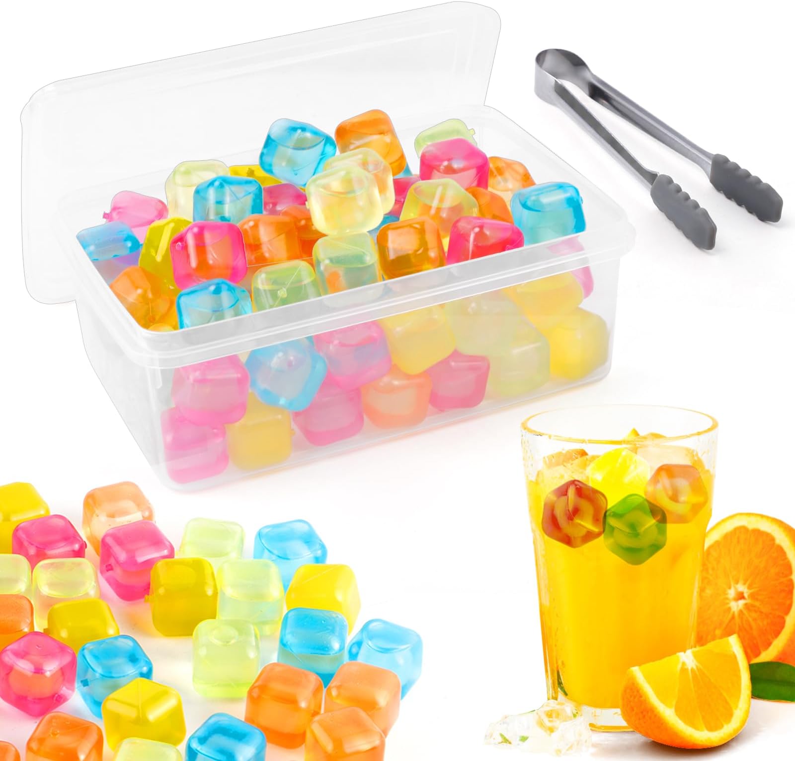 60 Pack Reusable Ice Cubes, Refreezable Plastic Ice Cubes for Drinks, BPA Free, 1" Square Cube for Whiskey, Coffee, Wine, Cocktails, Beer, Washable Non-Diluting(Colorful)
