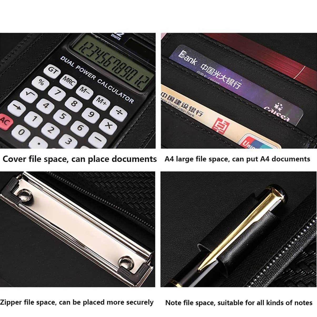 Porte Documents A4 Conférencier, Portefeuille en Cuir PU avec Fermeture éclair et Calculatrice pour Entretien Professionnel, CV, Portefeuille d'affaires pour Hommes et Femmes
