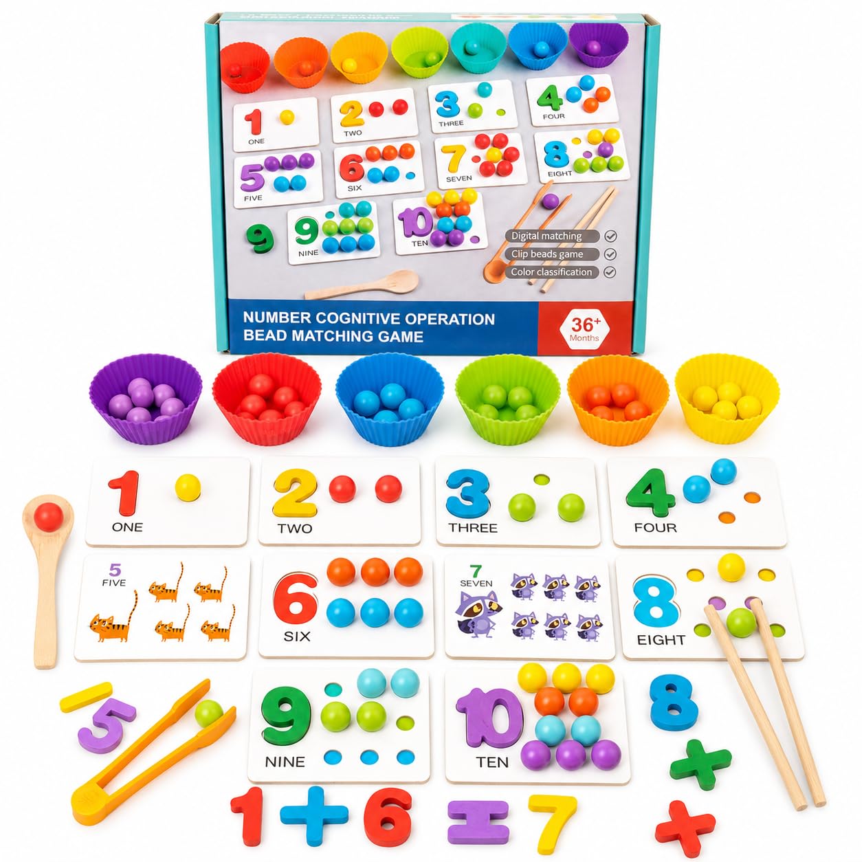 Little Mind Montessori Counting & Color Sorting Toy for Kids 3+ Years, Number Recognition Learning Game with Beads, Cups, Tweezers & Counting Cards, Preschool Math Activity Set-image-3
