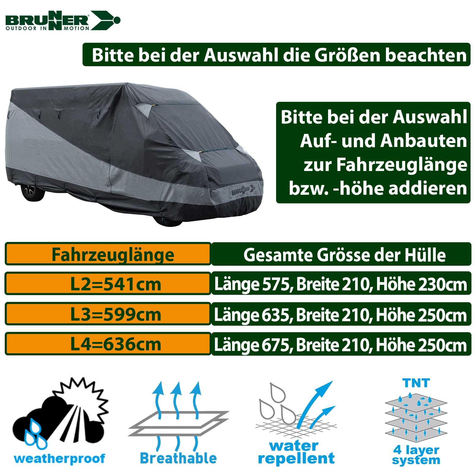 BRUNNER PRO Cover Design 12M Abdeckplane Schutzhülle, FIAT Ducato Peugeot Boxer Citroen Jumper, Größen L2-L4, Atmungsaktiv Wasserabweisend UV-Beständig Winter+Sommer, FÜR FAHRZEUGLÄNGE L4=6,36m