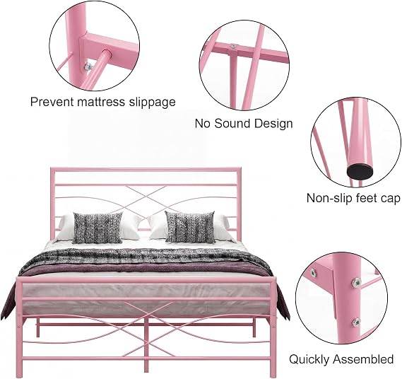 Panana Small Double 4FT Metal Bed Frame with Headboard and Footboard,Pink