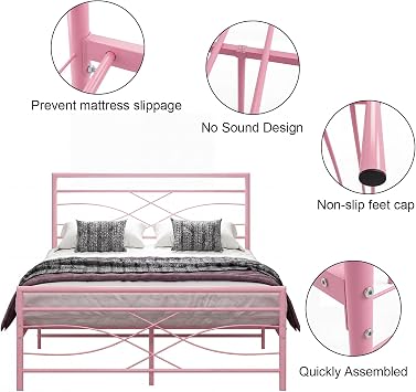 Panana Small Double 4FT Metal Bed Frame with Headboard and Footboard,Pink