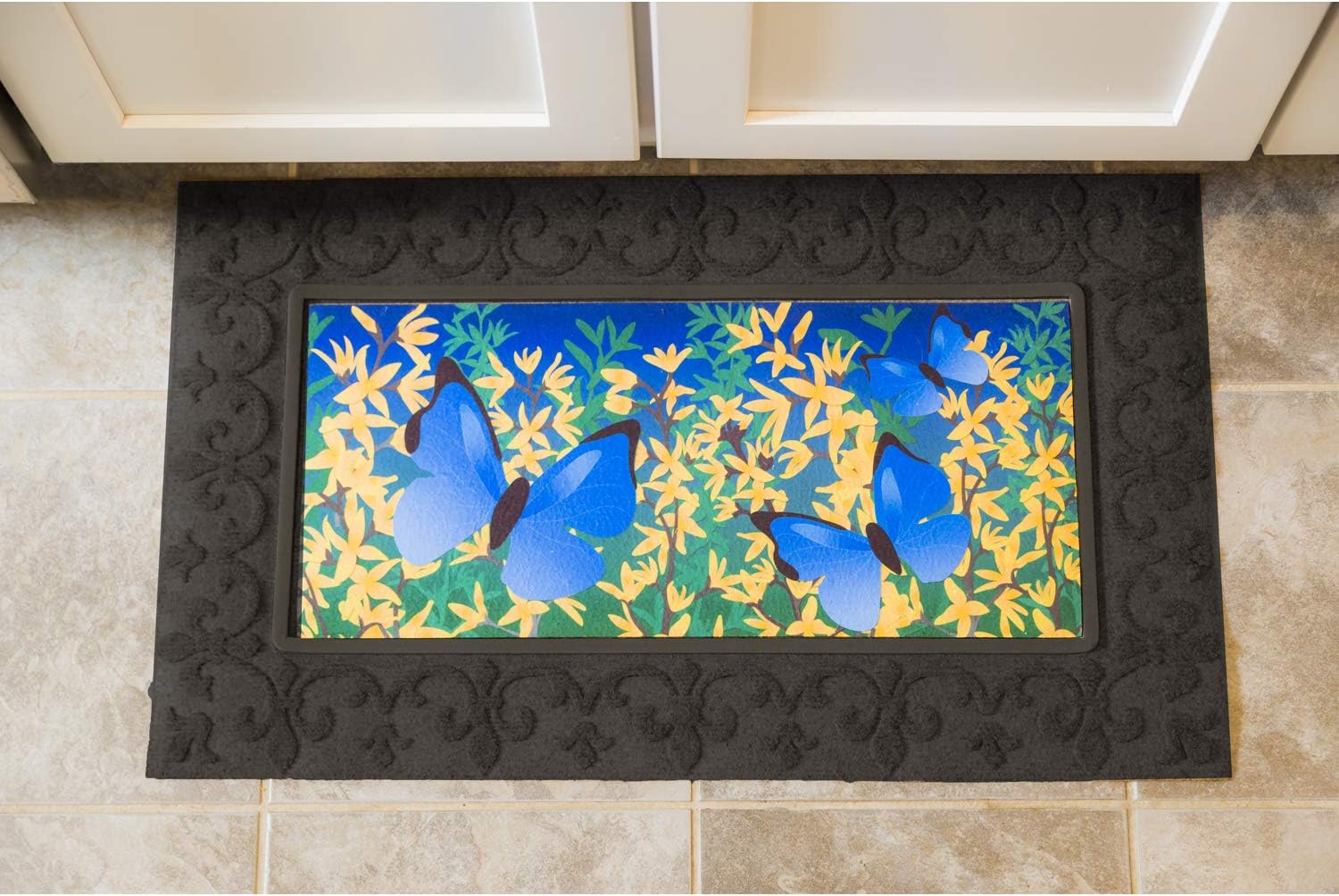 Evergreen Flag Sassafras Door Mat Tray, All-Weather Weatherproof Doormat for Indoor and Outdoor Entrance, Non-Slip Backing Entryway Front Door Mats (Fleur Scroll, 30 x 18 Inches)