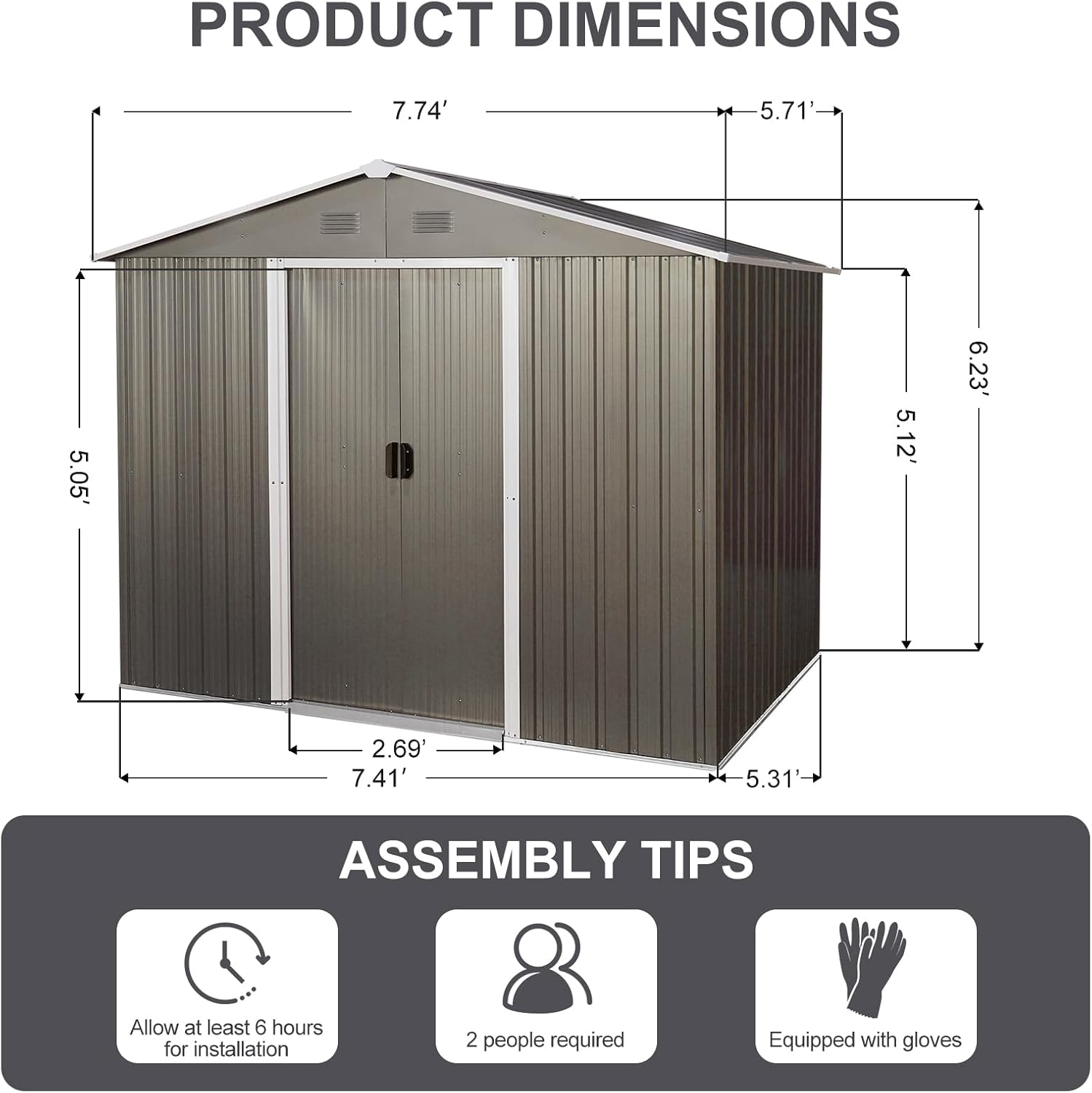 Gray 6' x 8' Outdoor Metal Storage Shed with Floor Base