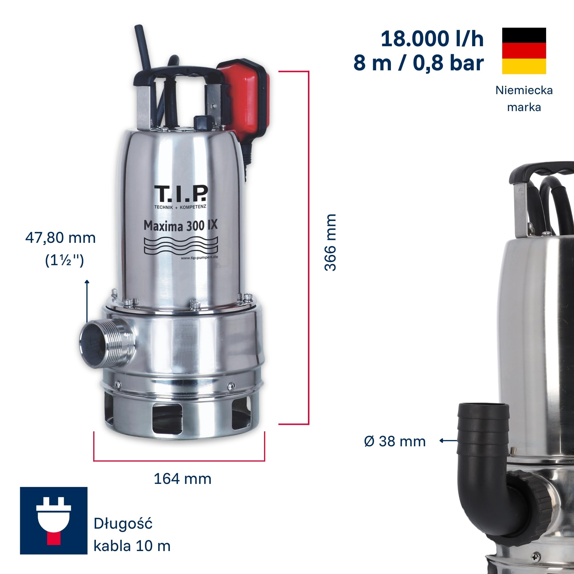 T.I.P. TVX 7000 Pompa Zatapialna do Brudnej Wody + T.I.P. 31008 Wąż do Pomp Zatapianych 10 m – Automatyczna, Edelstahl