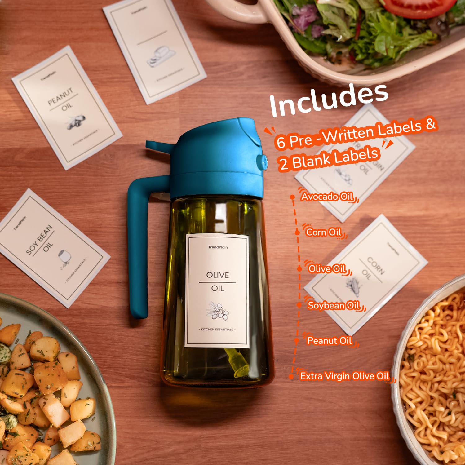 TrendPlain Spruzzino Olio per Friggitrice Aria 470ml, Dosatore Olio 2 in 1, Oliera Spray per Cucina, Insalata e Aceto, Accessori Cucina con Etichette e Protezione dalla Luce - Blu Navy