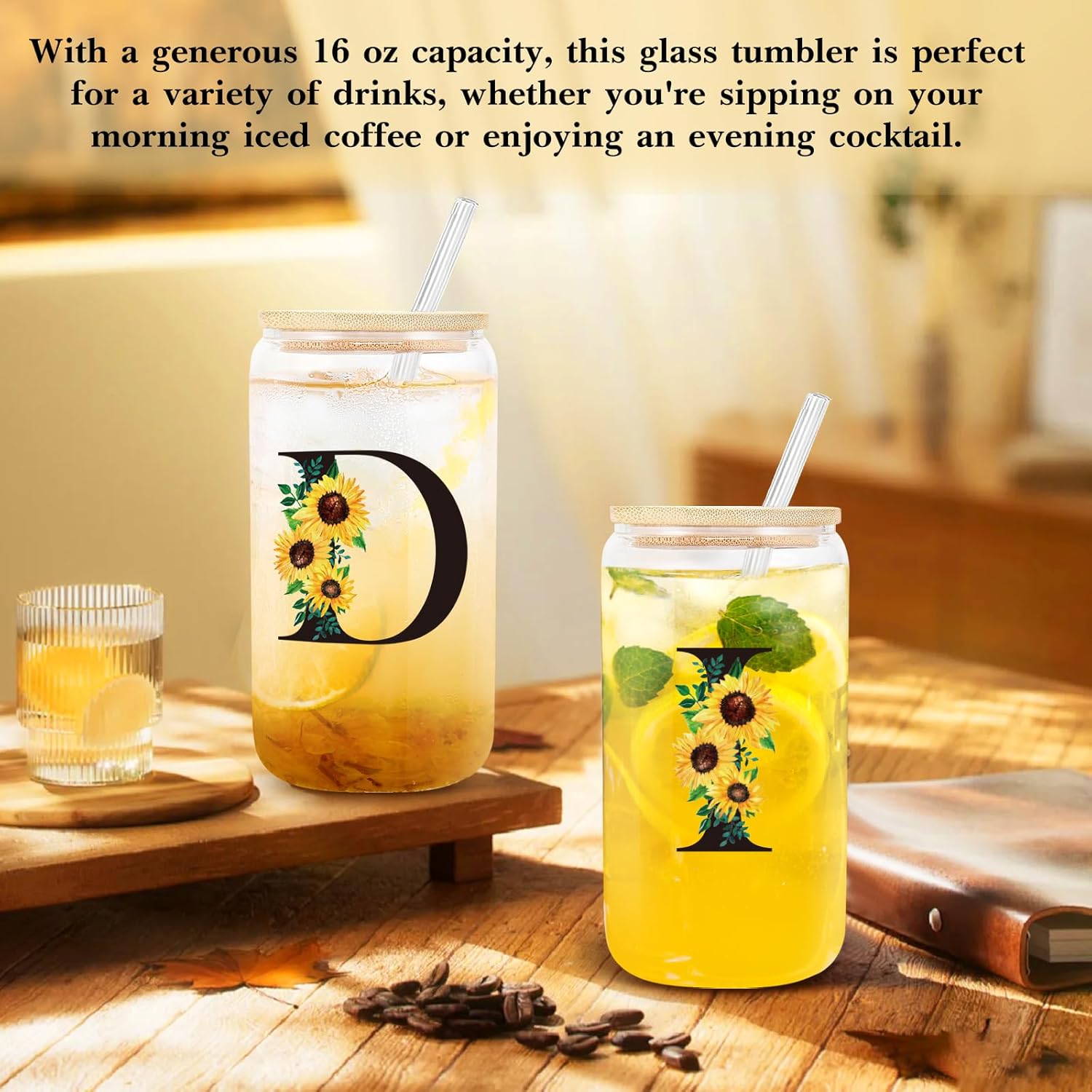 Birthday Gifts for Women, Initial Glass Cups w Lids and Straws, Sunflower Gift for Women, Personalized Gift, 16oz Glass Tumbler Cups W/Straw Lid, Monogrammed Birthday Gifts for Her Mom - D - Image 3