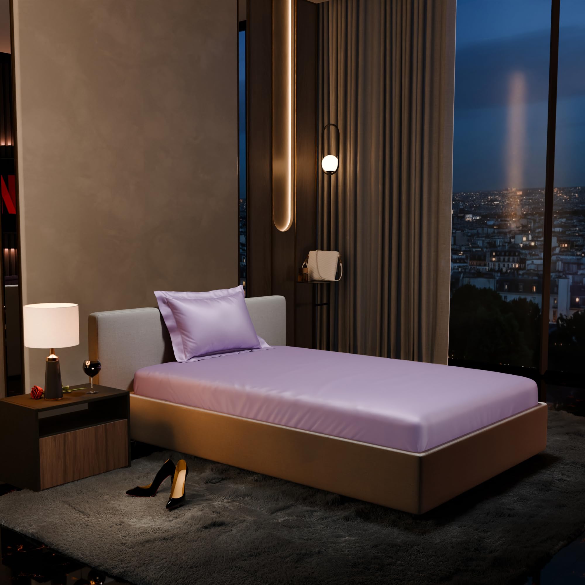 Stoa Paris 300TC UltraSatin Single Bedsheet Set, 10” Drop Fitted Bedsheet with 1 Pillow Cover, Hypoallergenic, Wrinkle Free, Aesthetic Bedding, Home Decor, Gift, Date Night - Lilac