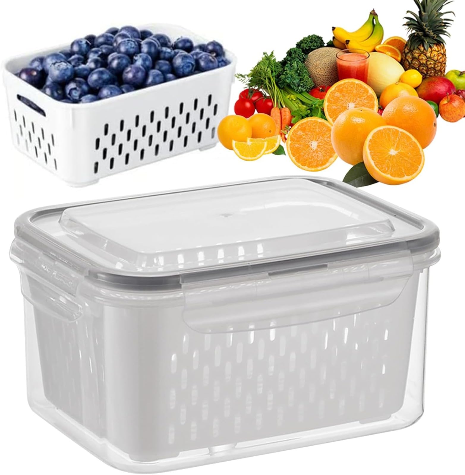 4 in 1 Fruit Storage Containers for Fridge with Colander, Airtight Produce Saver with Removable Drain Basket, Stackable Food Storage Containers with Waterproof Lid, for Vegetable & Berry Organization