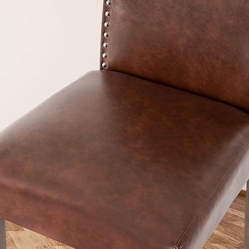 Miniatura 9 de Silla de comedor tapizada elegante Parsons para cocina con ribete plateado de cabeza de clavo y patas de madera, paquete de 4, color marrón claro de