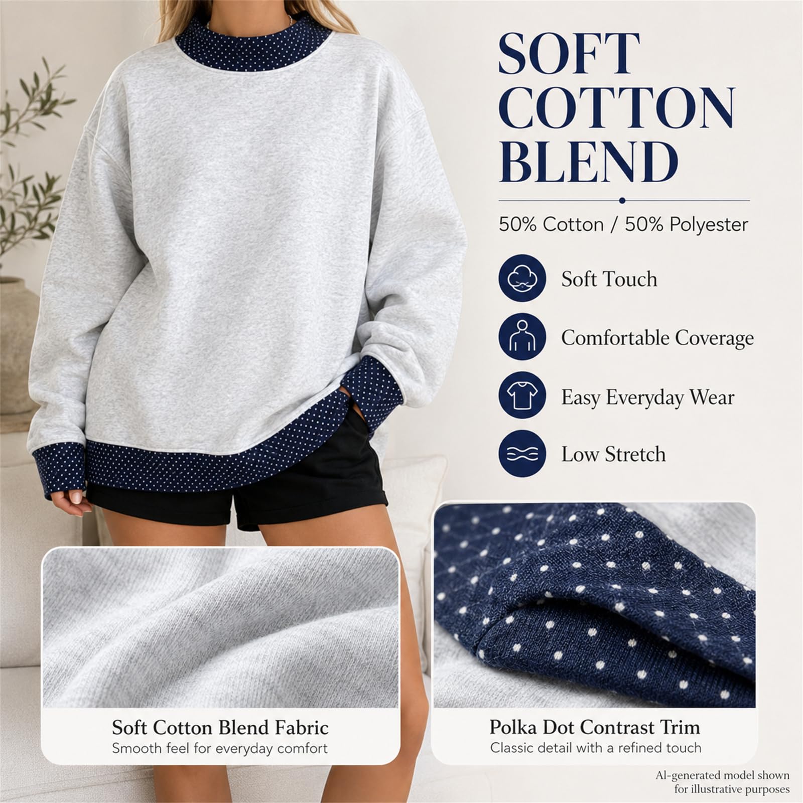 Sudadera de lunares de gran tamaño para mujer, suéter con borde de contraste