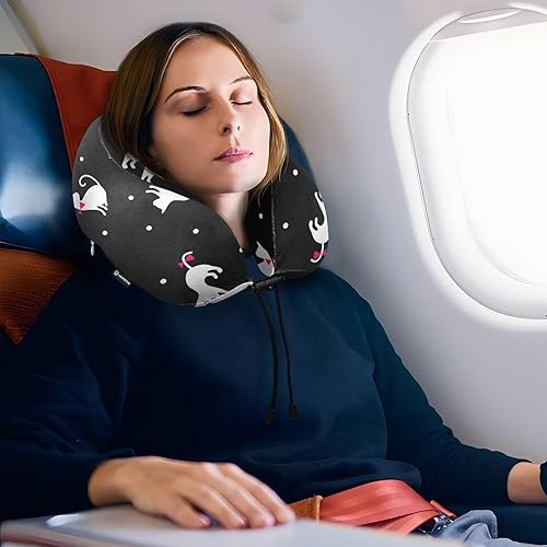 Miniatura 5 de Almohada de viaje negra con diseño de gatos lindos, almohada de cuello de espuma viscoelástica con bolsa de almacenamiento, almohada portátil de