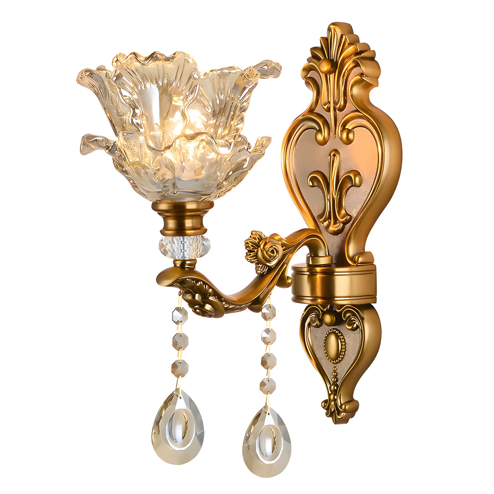Vintage Floral Wall Mount Lamp 1 Head Crystal Glass Shade Wall Sconce Light Retro Golden Bronze Color Decoration Metal Wall Lamp, Bedside Living Room Restaurant Stairs Hotel Bars (E14 Base, No Bulb)