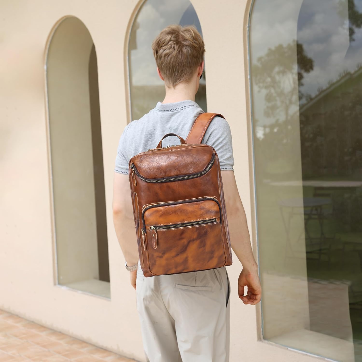 LANNSYNE Vegetable Tanned Leather Backpack For Men, 15.6" Leather Laptop Backpack Hiking Travel Bag Camping Rucksack - Image 8