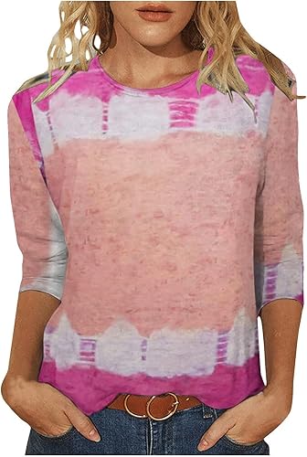 Blouses for Women 34 Sleeve, Women's Three Quarter Sleeve Pullover Tops Summer Vacation T Shirts Flower Print Tunics