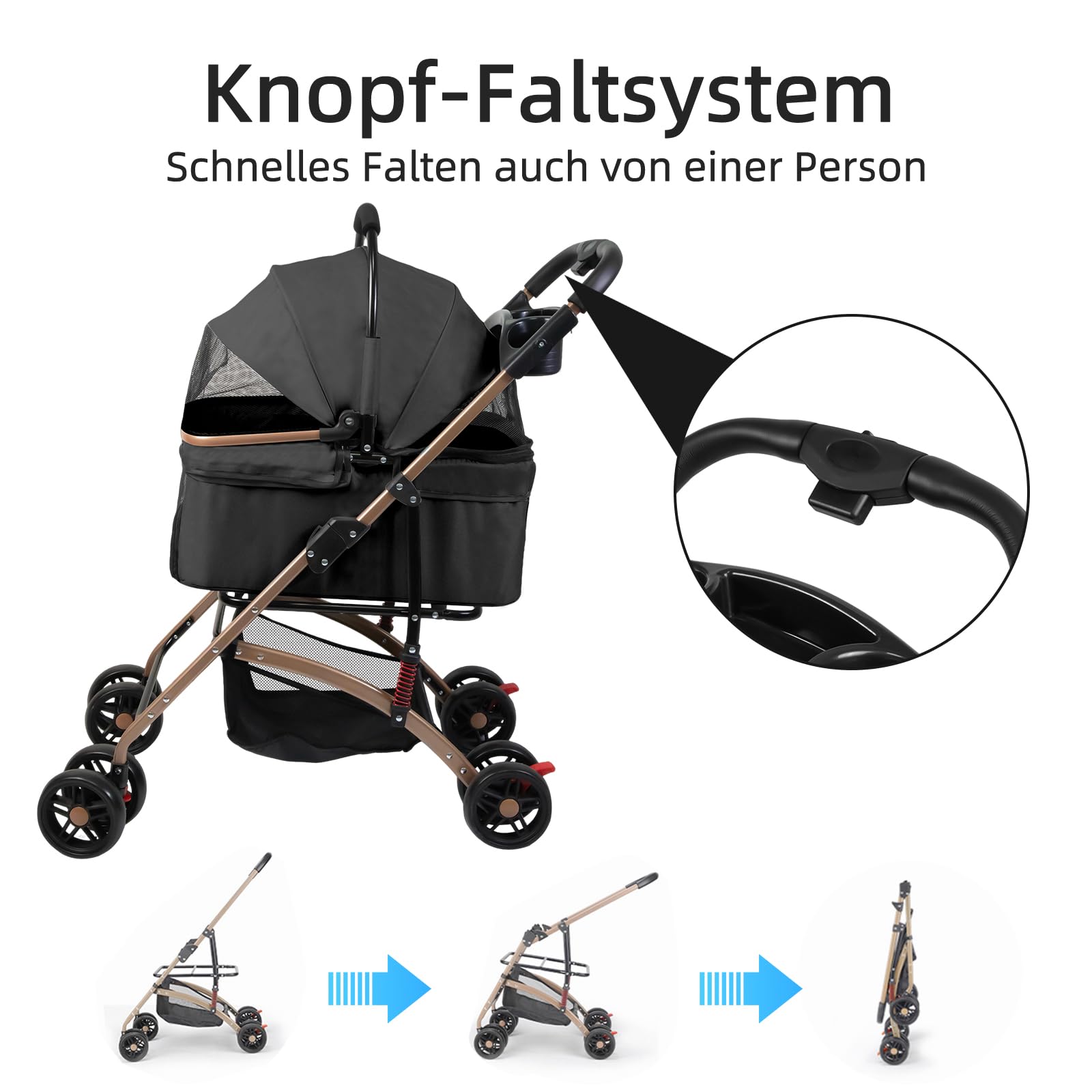 Hundewagen 3 in 1 Faltbarer Hundebuggy, Hundewagen, Kinderwagen für kleine Hunde, Katzen, Abnehmbarer Korb, Tragbarer Kinderwagen, Netzfenster, Oxfordstoff, Bis 20kg (Schwarz)