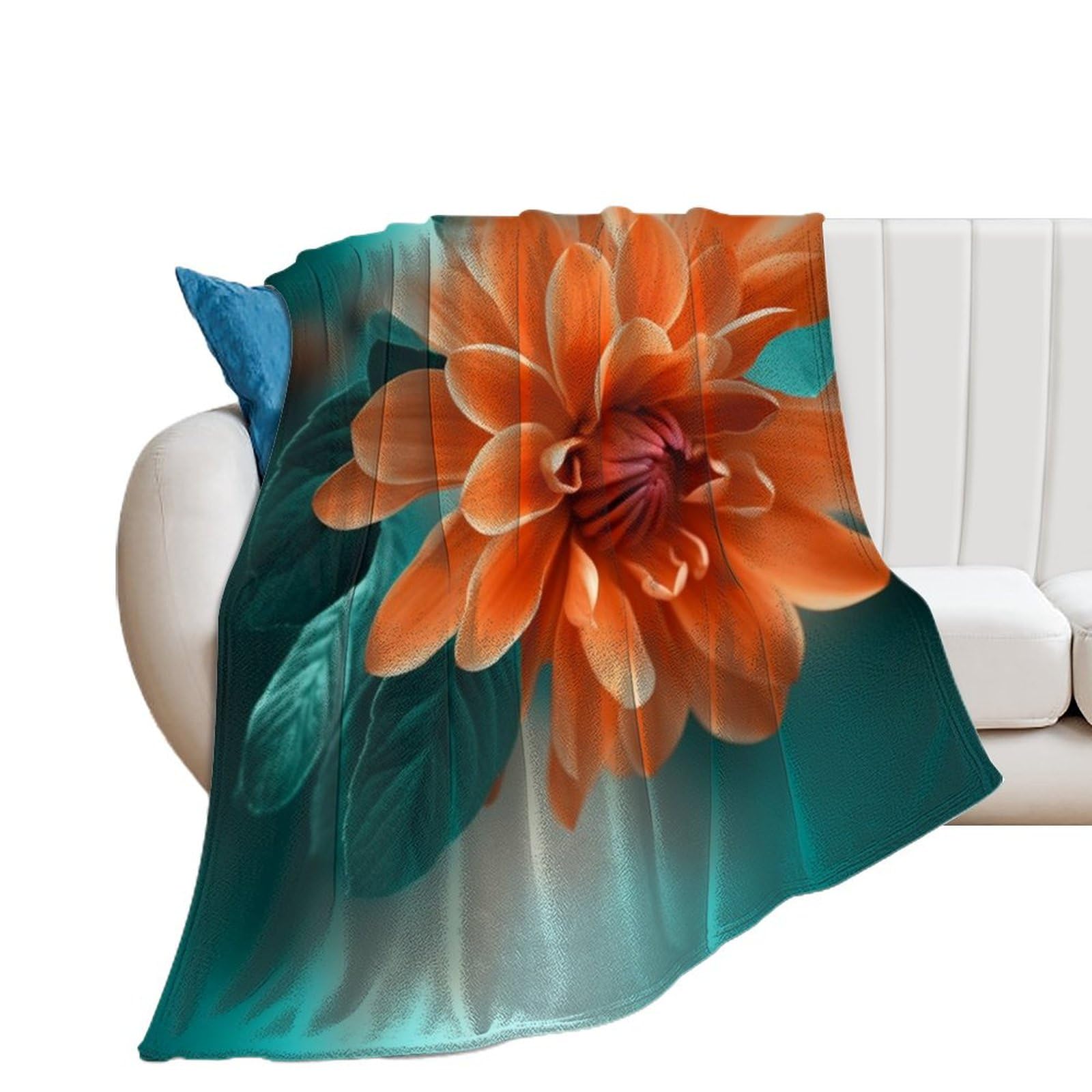Couverture flanelle motif floral bleu orange pour jeté de canapé et lit 130x150