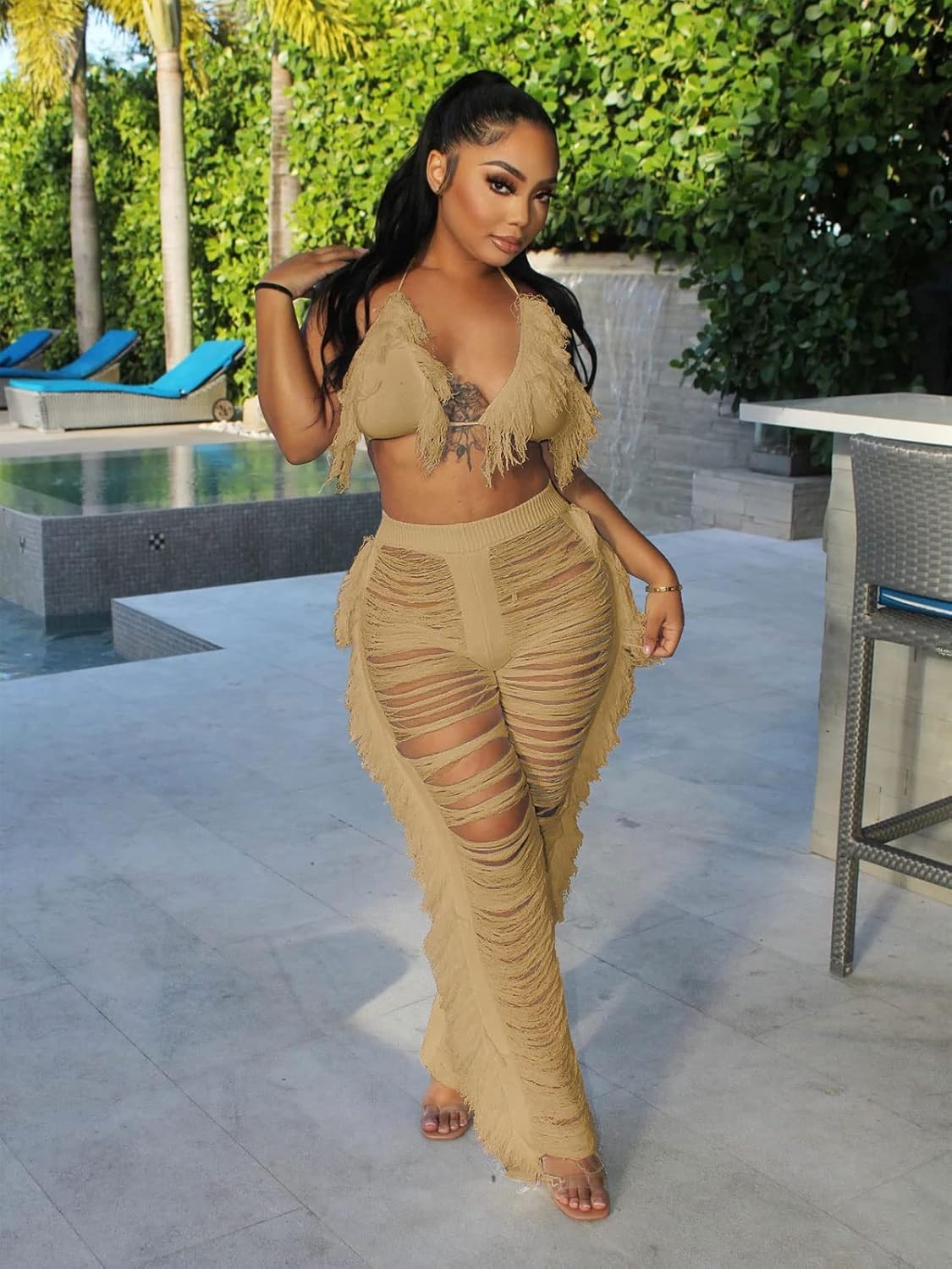 KANSOON Two Piece Sets for Women Sexy Crochet Outfits Halter Top Fringe Pants Summer Party Clubwear - Image 3