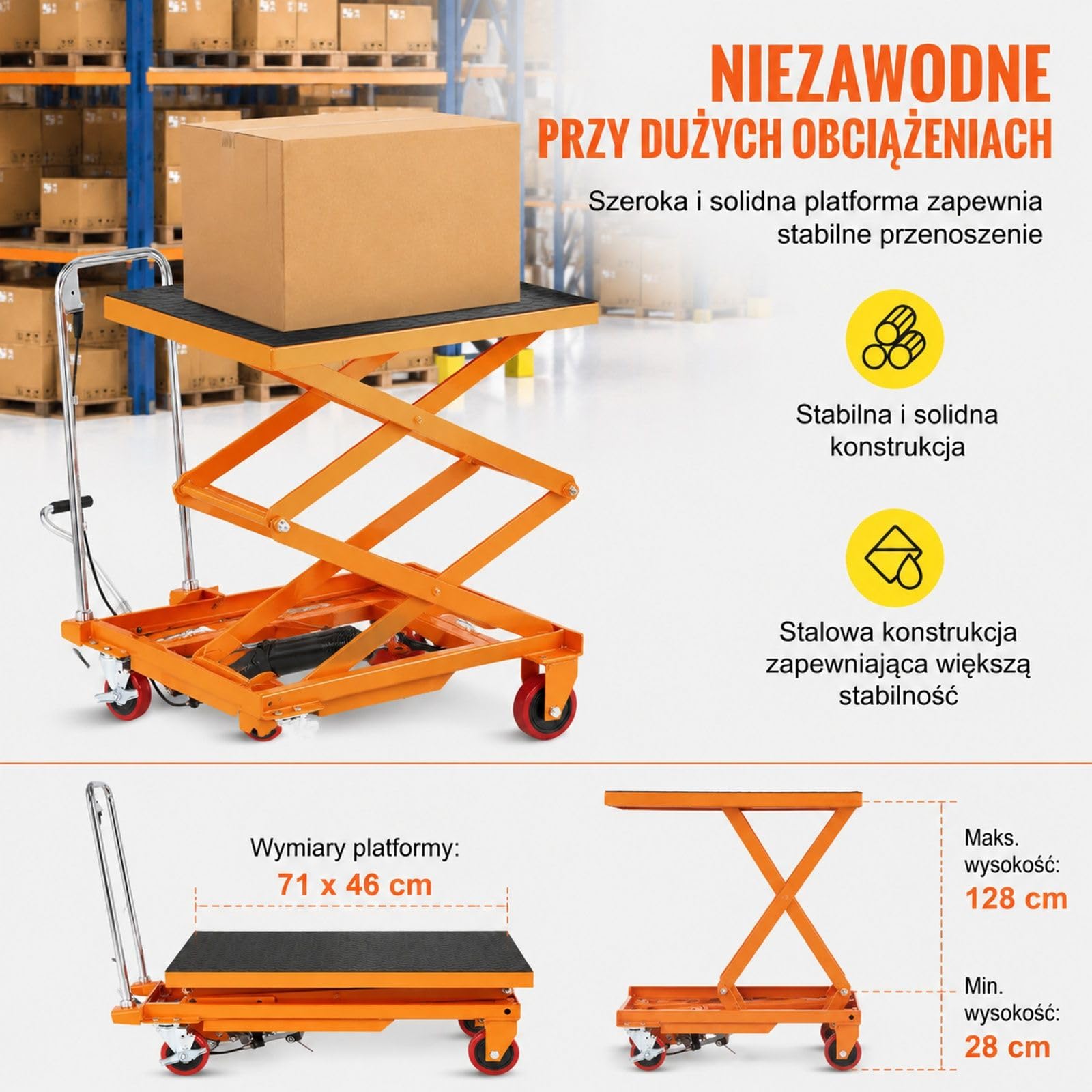 Hydrauliczny wózek stołowy, ręczny podwójny podnośnik nożycowy z 4 kołami do obsługi i transportu materiałów