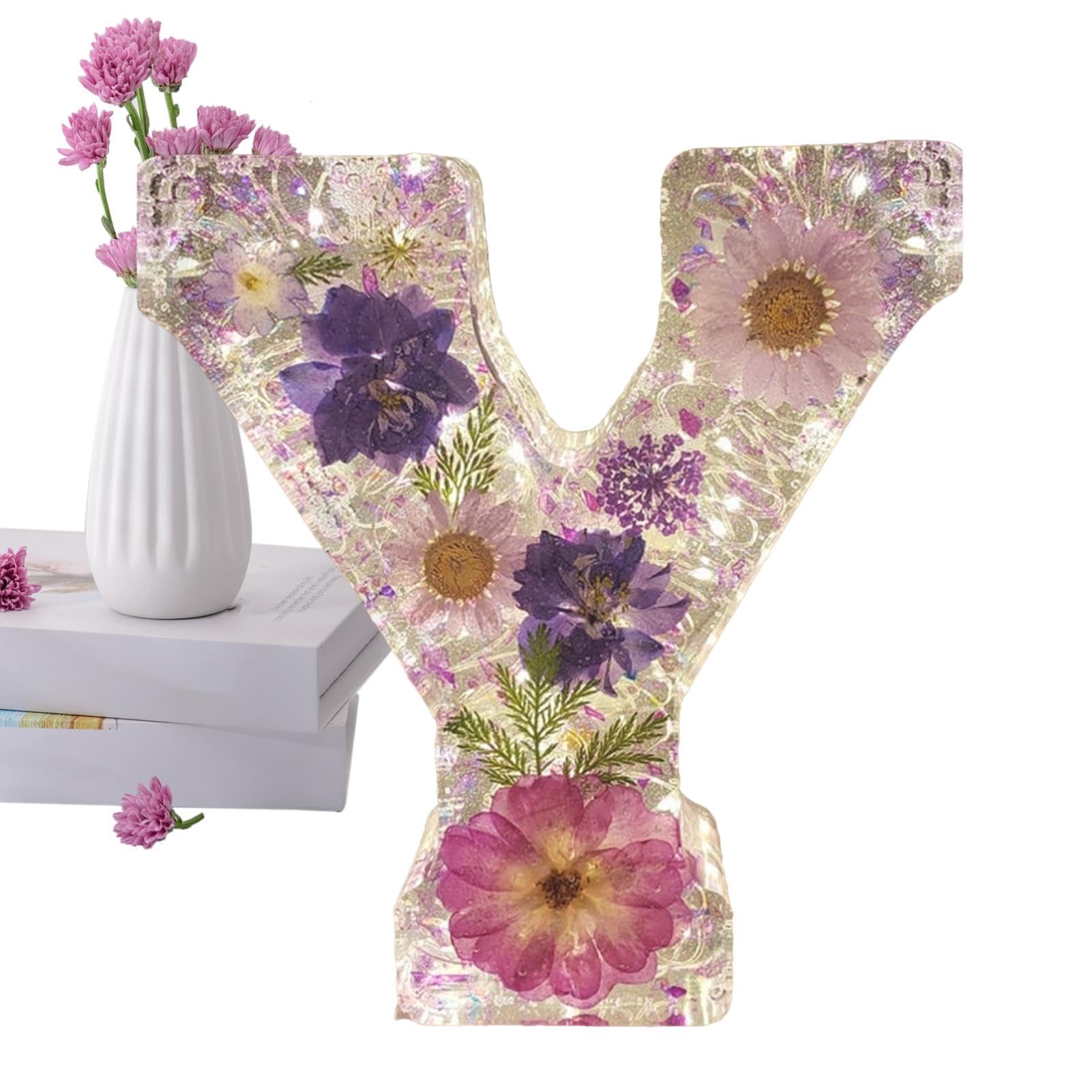 Floral Resin Night Light Letter, Floral Resin Night Light, Pressed Flower Resin Letters with LED Light, Initial Letter Floralnight Light Resin Lamp, Night Lamp for Mother Wife Birthday Present