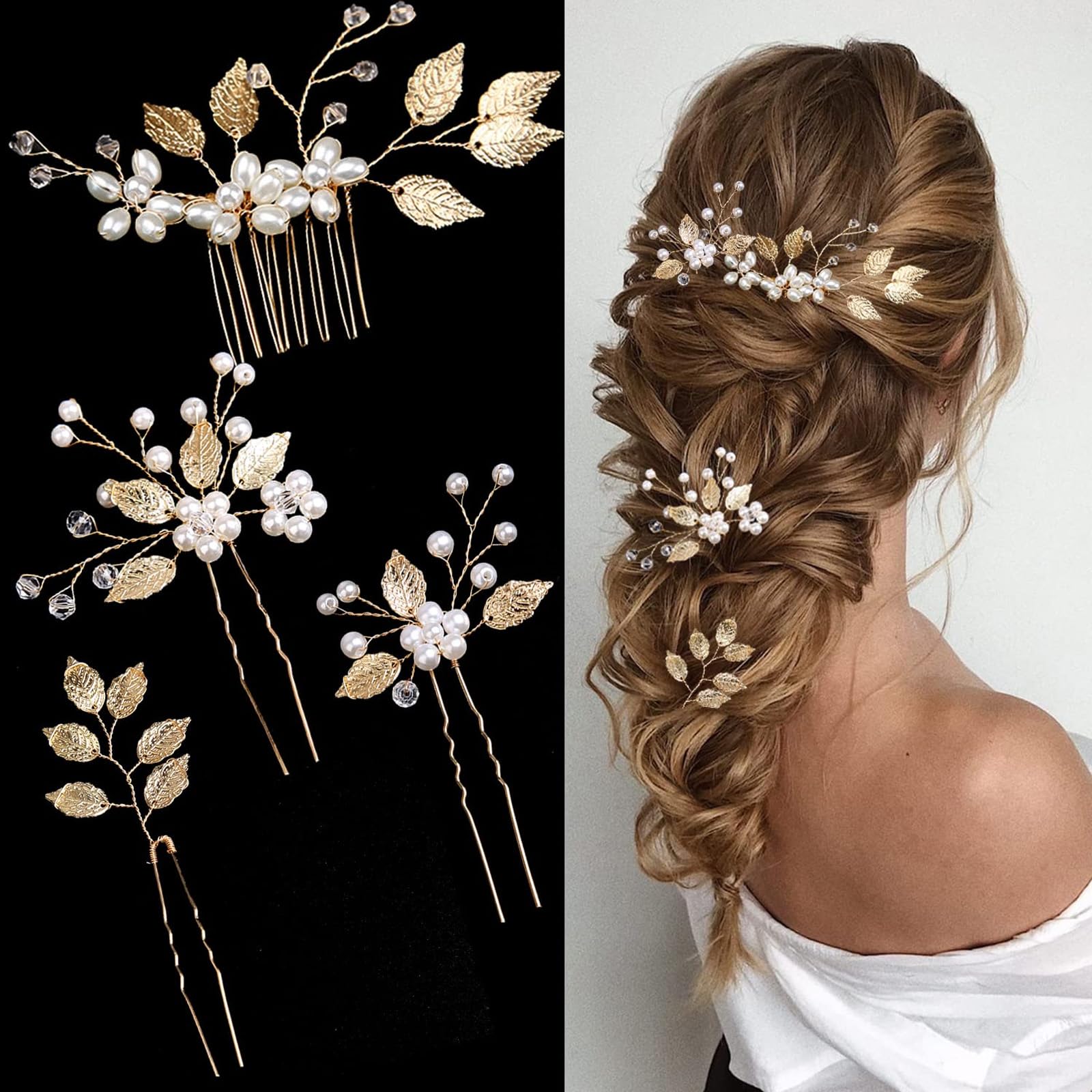 SZYYQ 4 Pieces Bridal Wedding Hair Pins, Gold Leaf Hair Pins, Crystal Pearl Flower Hair Forks Vintage Bridal Hair Accessories Wedding Hair Clips Headpiece for Brides Bridesmaids Flower Women and Girls