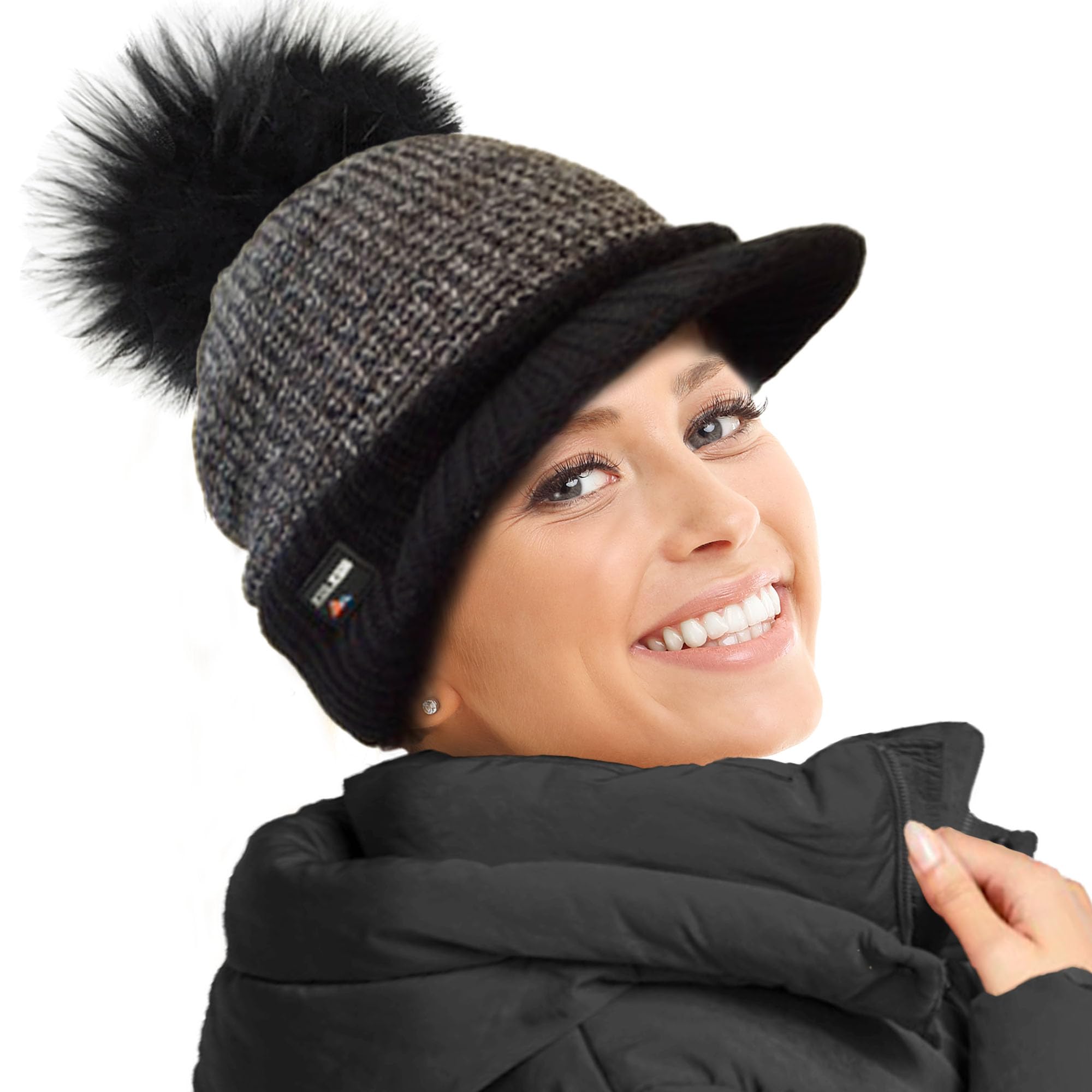 Rockjock Women's Black Warm Fleece Lined Knitted Peaked Beanie Baseball Cap With Detachable Faux Fur Pompom- Wear With Or Without