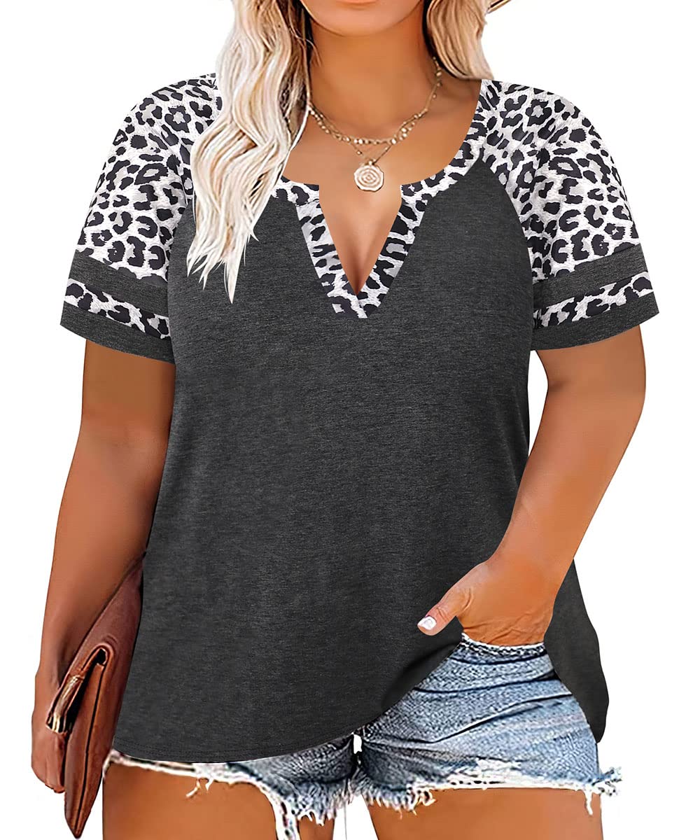 CARCOS Plus Size Tops for Women Short Sleeve Summer Pullover Color Block Crewneck/V Neck Tee Tunic Loose Fit Tshirts XL-5XL