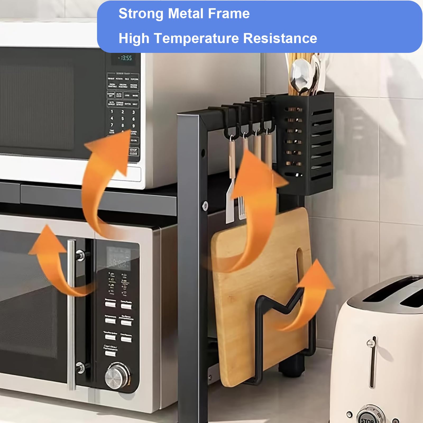 Étagère à Micro-Ondes Extensible à 2 Niveaux, Charge 30kg | Acier au Carbone, Extensible 40 à 64 cm, Porte-Baguettes et Porte-Planche à Découper, Adapté Cuisine, Bureau, Garage