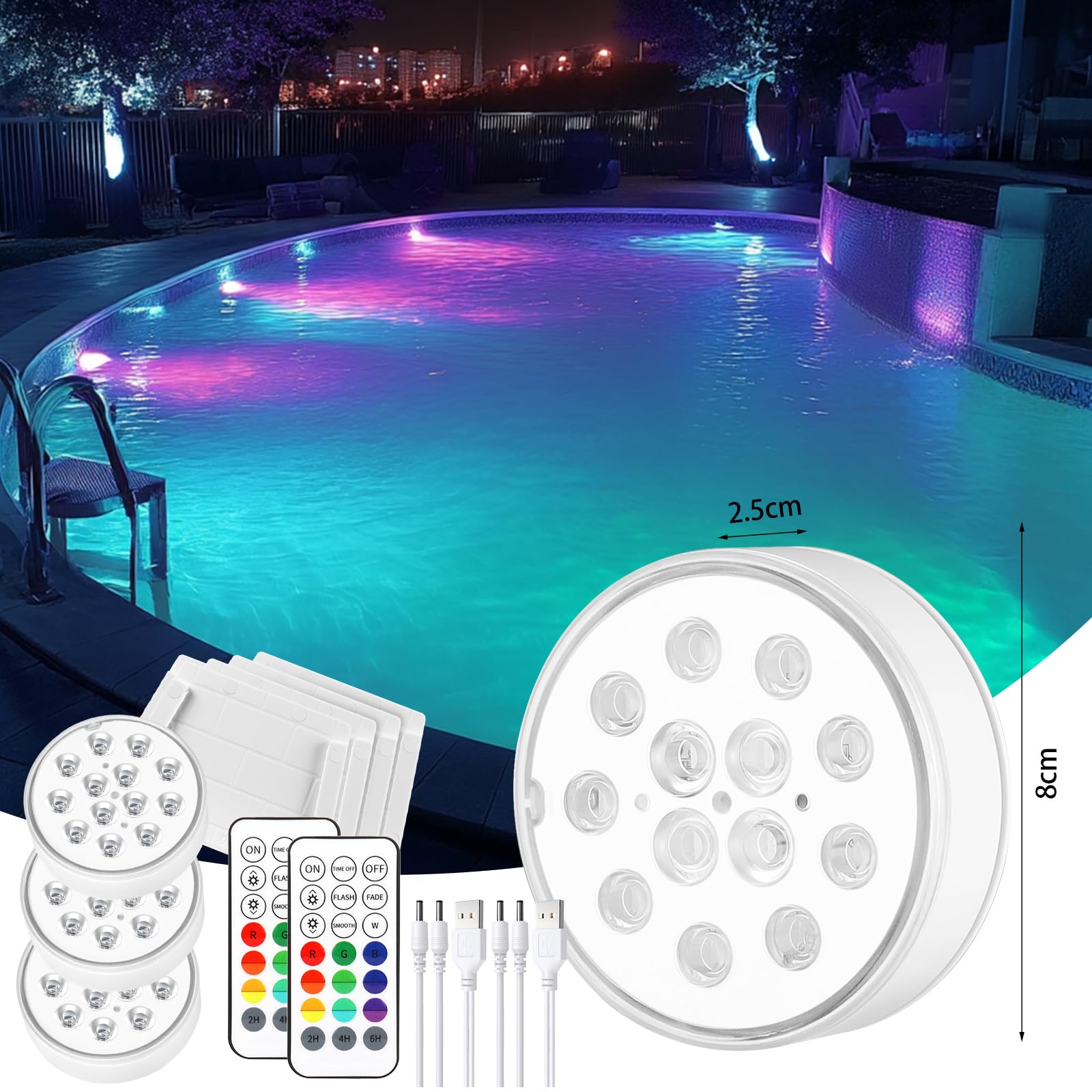 Czemo Unterwasser Licht Wiederaufladbar LED Poolbeleuchtung mit Magnet Poollicht mit Fernbedienung IP68 LED Wasserdicht für Pool Teich Aquarium Beleuchtung (Mehrfarbig-4 Stück)