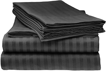 4 Piece 800-Thread-Count 100% Cotton Sheet Black Stripe Short Queen-Sheets Set, Long-Staple Cotton -Bedding Sheets for Bed, Soft & Silky Sateen Weave Fits Mattress Upto 16'' Deep Pocket