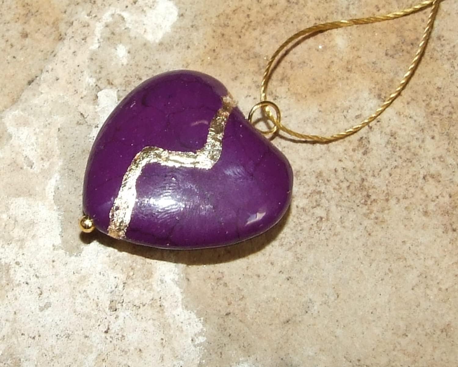 Large 1" Purple Howlite Broken Heart Mended with 23k Gold, Kintsugi Cord Necklace