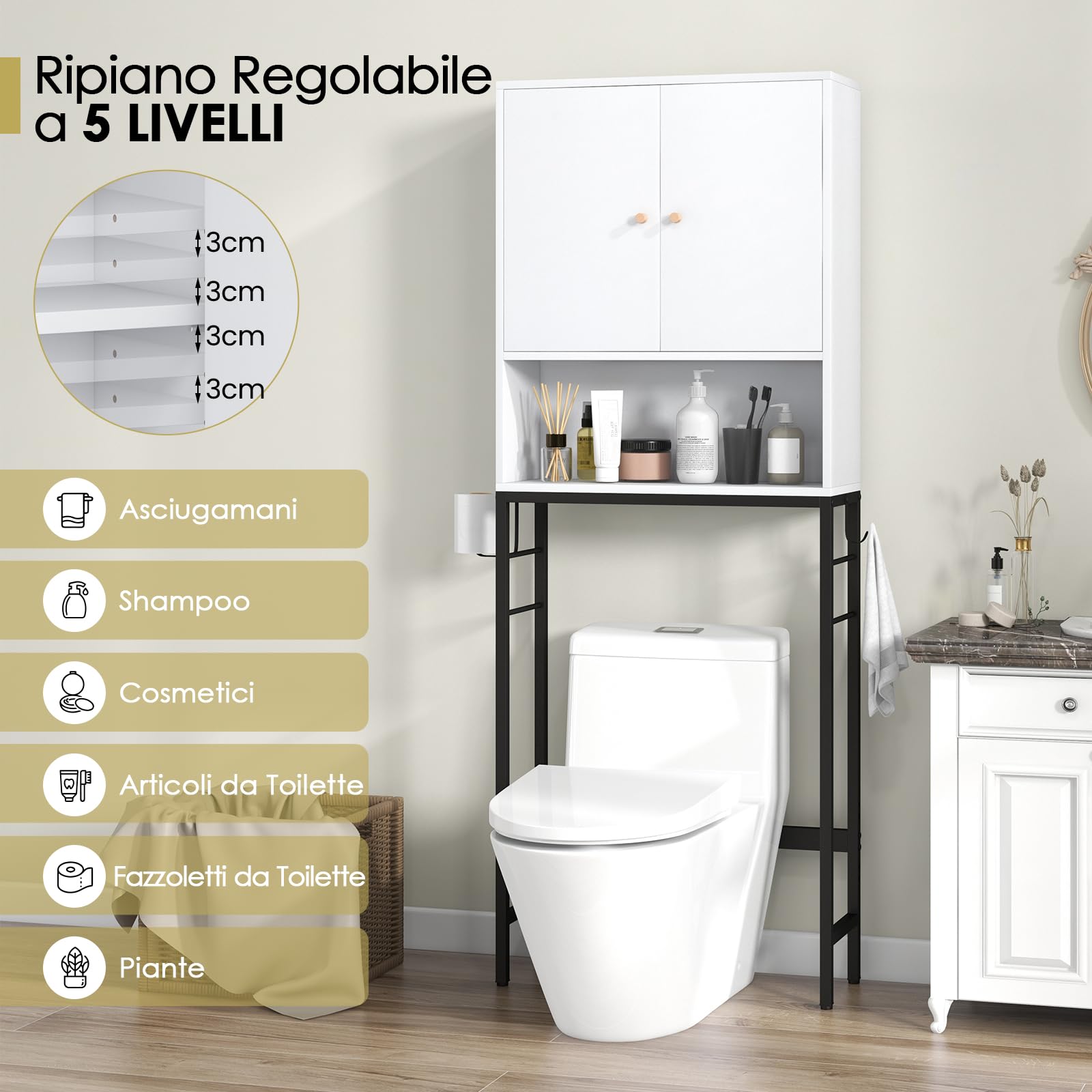 RELAX4LIFE Mobile Bagno sopra WC/Lavatrice, Scaffale Bagno in Bambù con 2 Porte e Mensola Aoerta, Mobiletto Bagno Portaoggetti Salvaspazio, 63 x 23 x 165,5cm (Bianco)