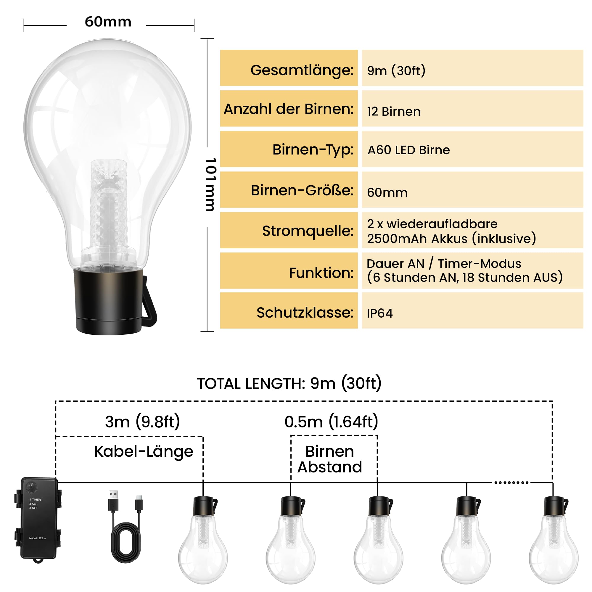 Cadena de luces LED para exteriores, con temporizador, 9 m, 12 bombillas A60, USB, recargable, 5000 mAh, para exteriores, Navidad, ventanas, escaleras, jardines, pabellones, bodas