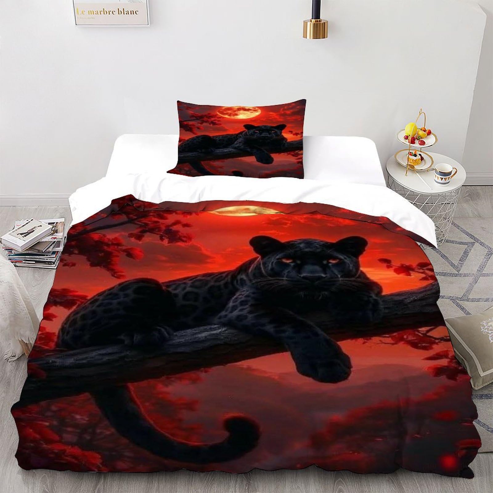 Housse de couette panthère noire zippée anti-glissement parure de lit 3D microfibre infroissable