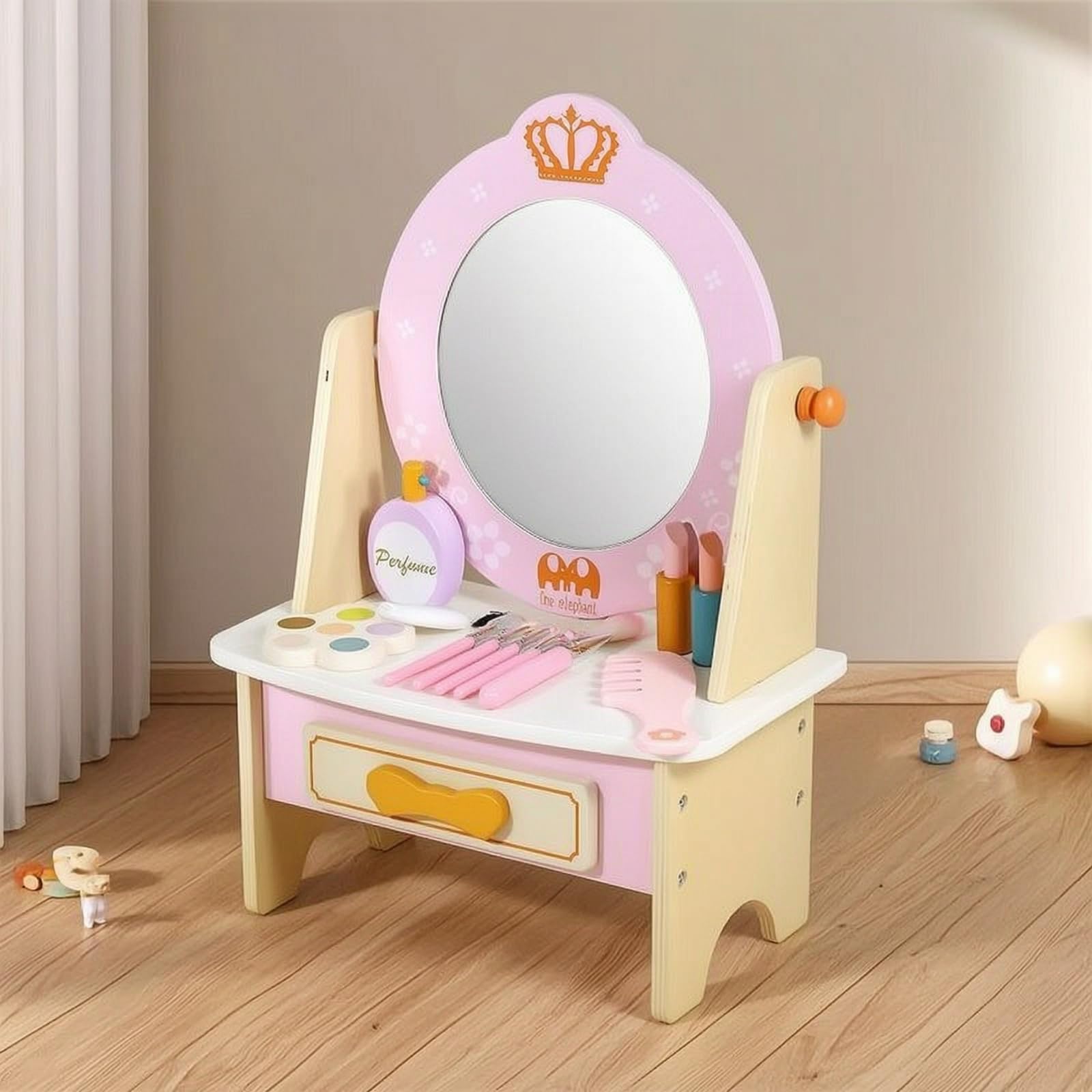 Tocador Compacto para Niñas con Espejo Ovalado y Cajón Frontal para Guardar Frascos y Botes Maquillaje Juguete con Peine Incluido para sarrollar la