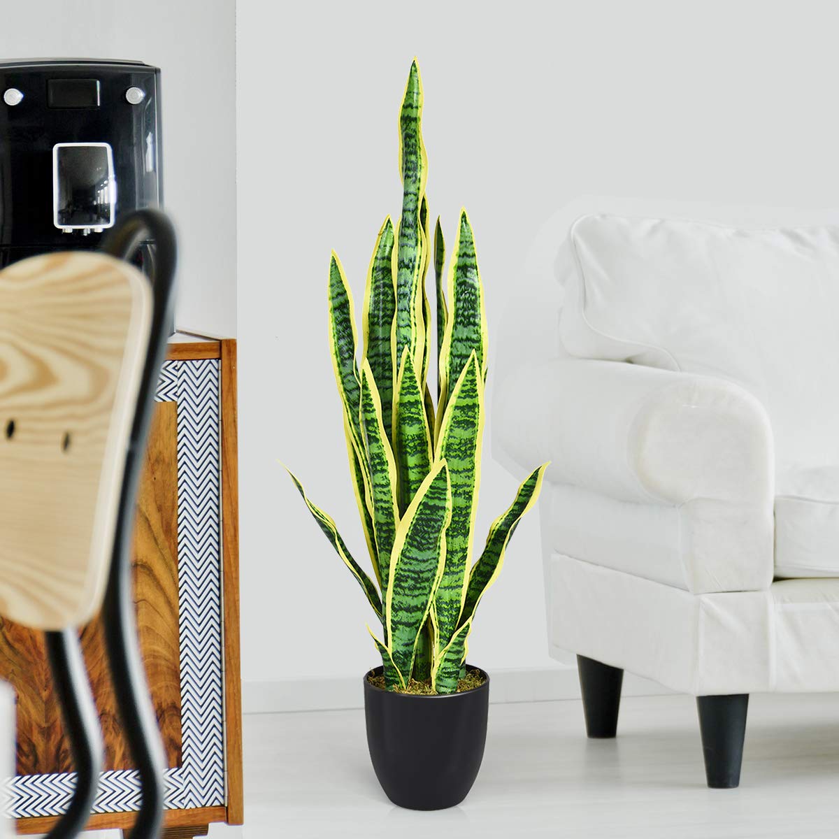 COSTWAY Pianta Artificiale da 90 cm, Sansevieria Finta con 20 Foglie e Vaso, Pianta Artificiale per Salotto, Camera da Letto e Balcone