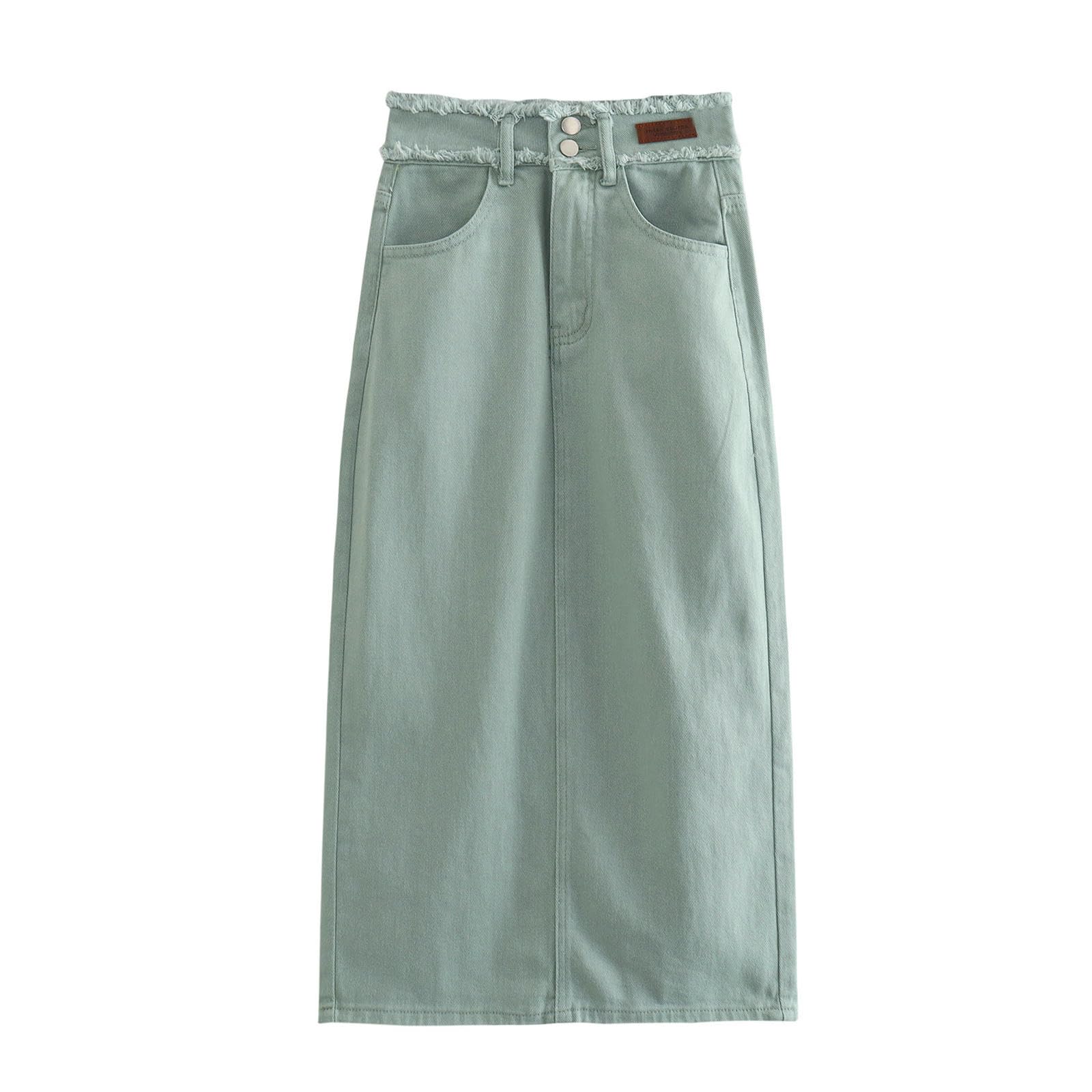 Jupe en jean taille haute fente bord brut mode femme bleu S