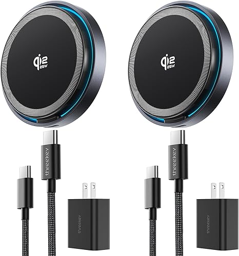 THREEKEY para cargador MagSafe, paquete de 2 almohadillas de carga rápida Qi2 de 25 W con ventilador de enfriamiento, cargador inalámbrico magnético