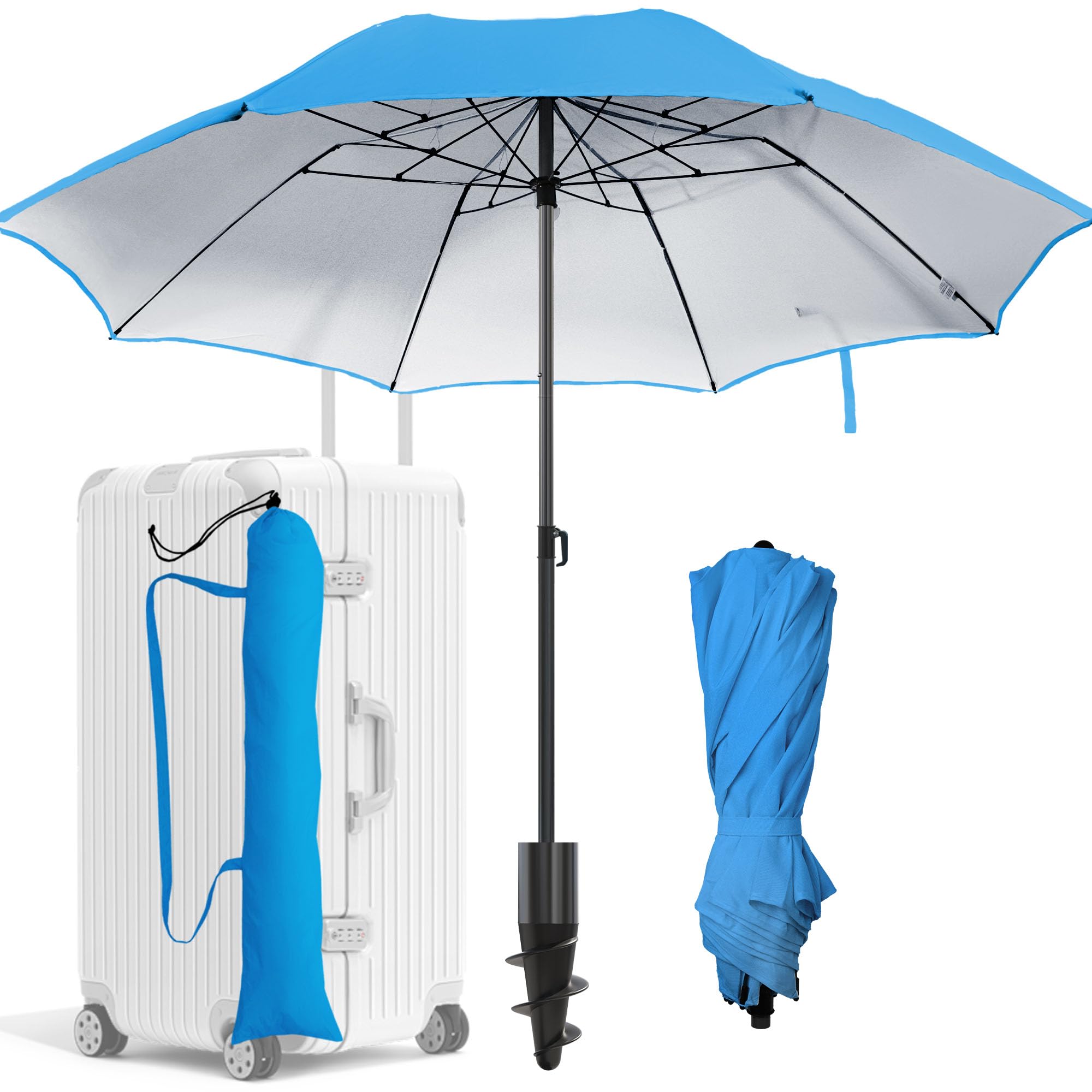 Menz Sonnenschirm Strand- Komplettes 3er-Set inkl. robustem Sonnenschirm + solider Bodenhülse + langlebiger Schutzhülle, Strandschirm windfest stabil, Strandschirm mit UV50+ Schutz